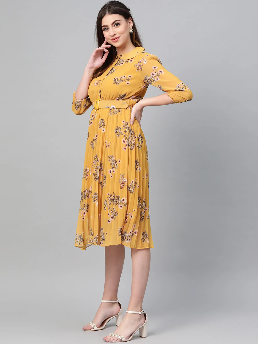 Women Mustard Floral Peterpan Collar Pleated Dress - Image 2