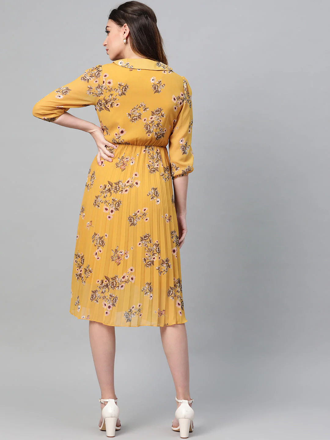 Women Mustard Floral Peterpan Collar Pleated Dress - Image 3