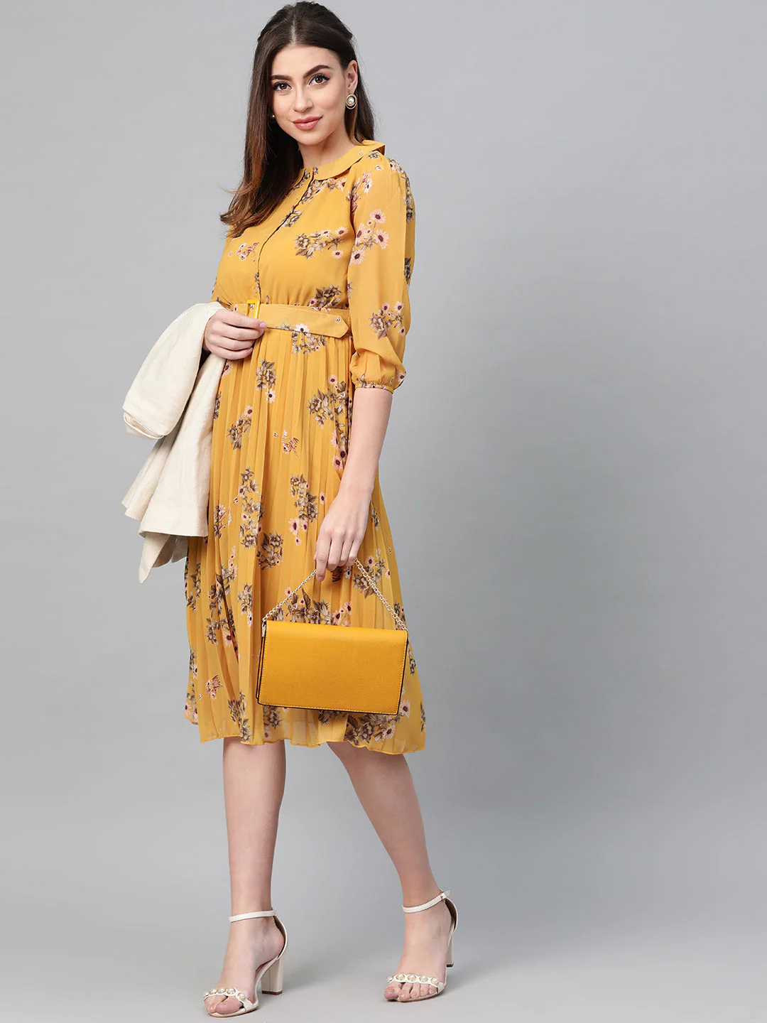 Women Mustard Floral Peterpan Collar Pleated Dress - Image 4