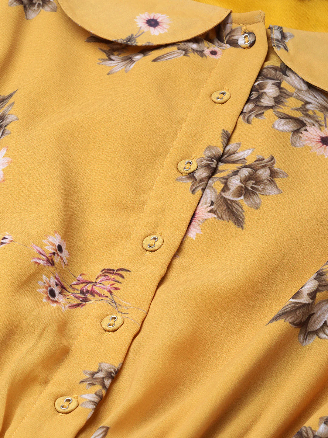 Women Mustard Floral Peterpan Collar Pleated Dress - Image 5