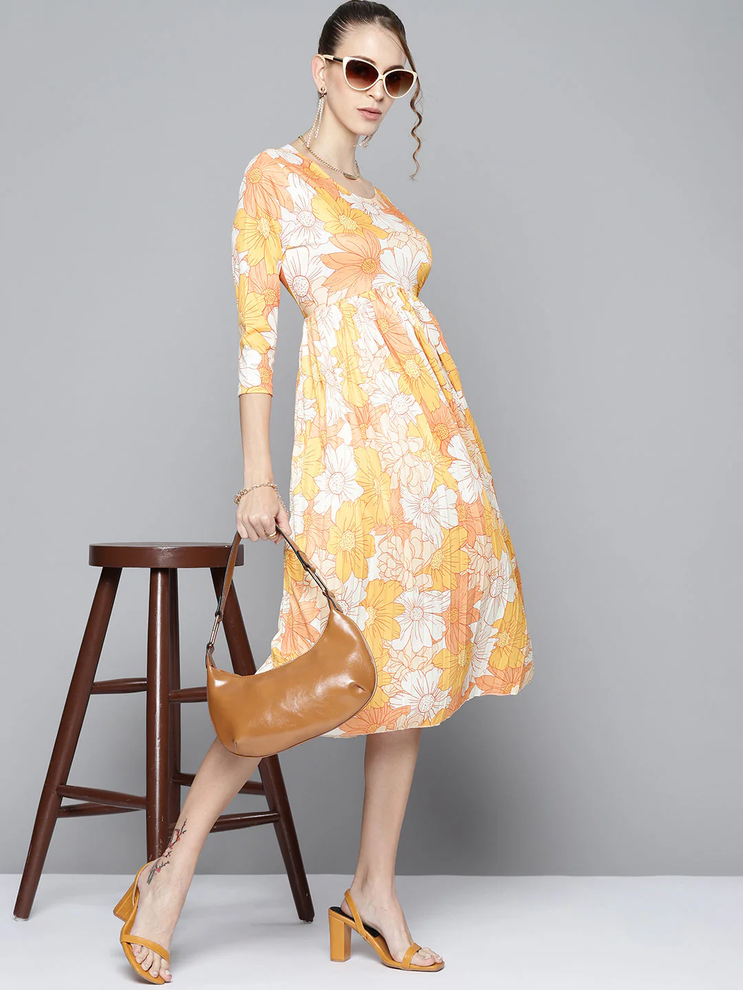 Women Mustard Floral Round Neck Pleated Dress - Image 5