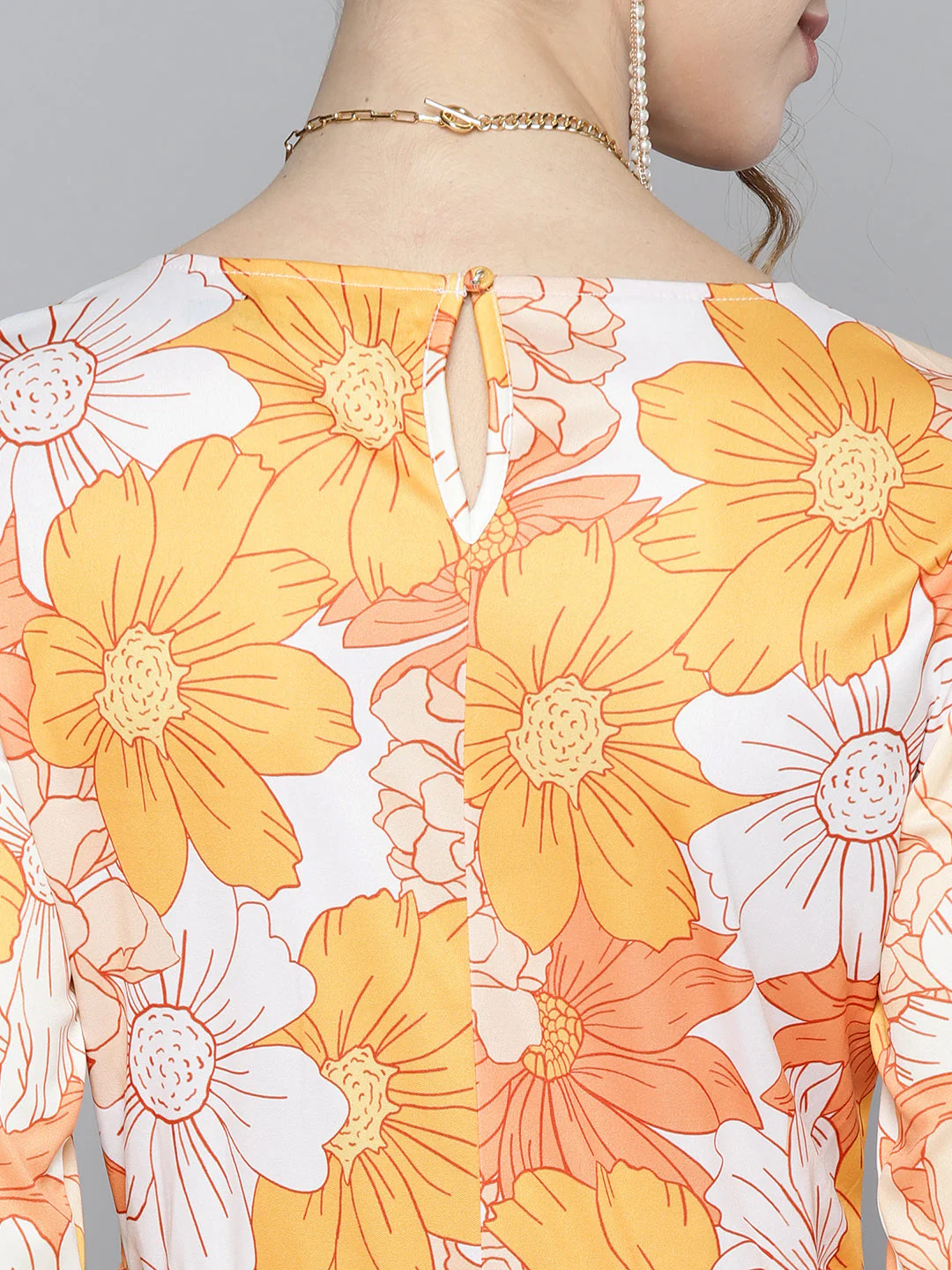 Women Mustard Floral Round Neck Pleated Dress - Image 6