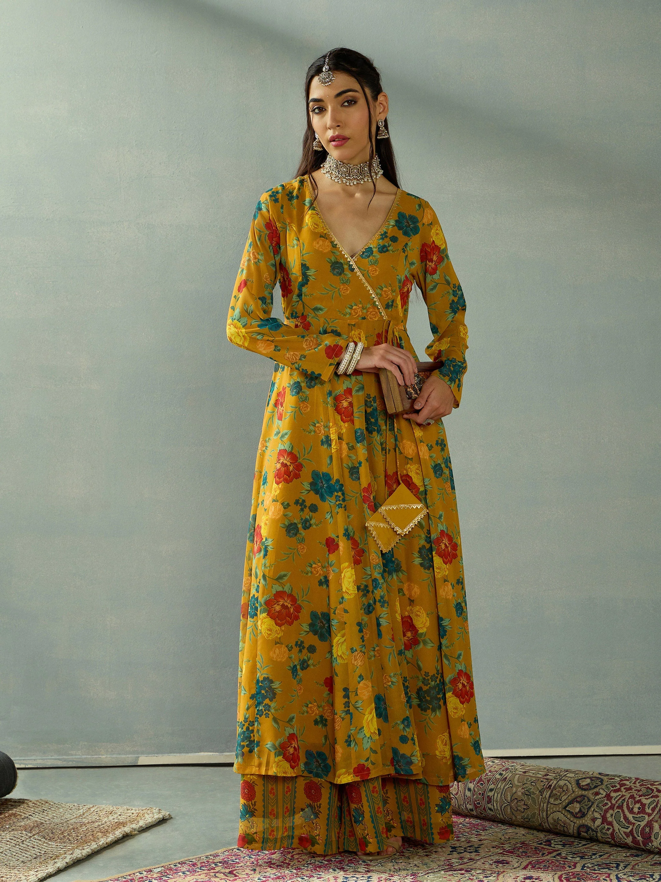 Women Mustard Floral Wrap Anarkali Kurta With Straight Pants - Image 2