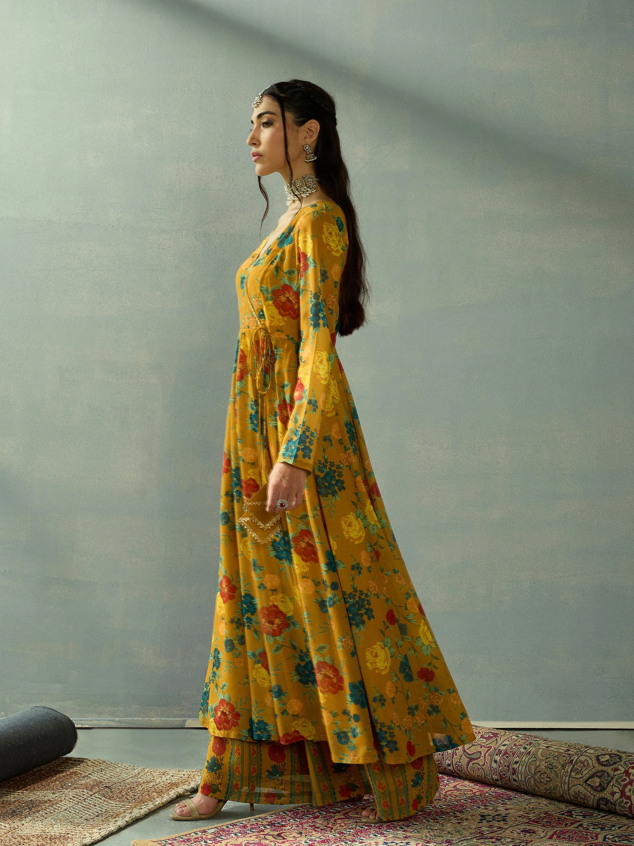 Women Mustard Floral Wrap Anarkali Kurta With Straight Pants - Image 3