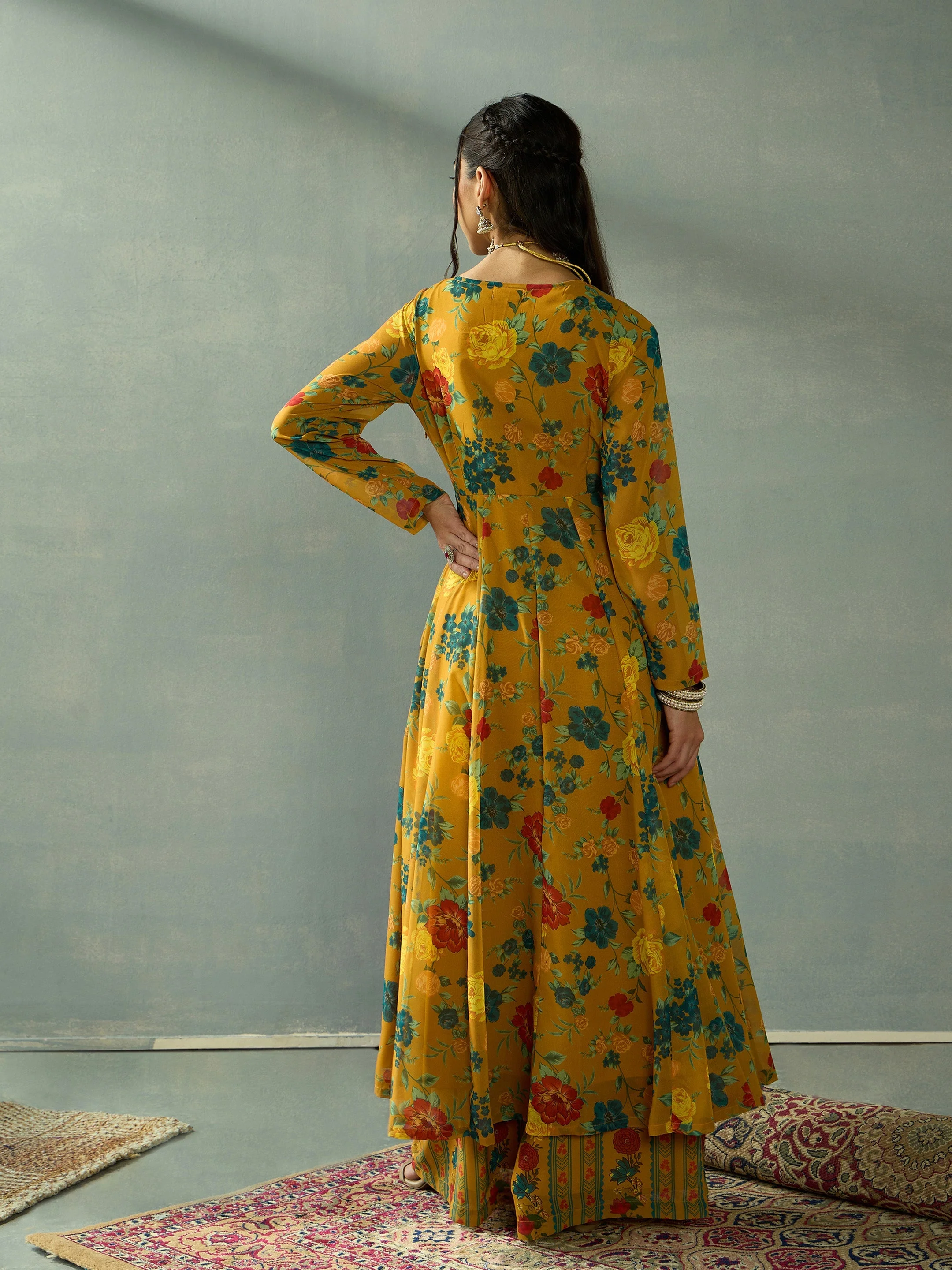 Women Mustard Floral Wrap Anarkali Kurta With Straight Pants - Image 4