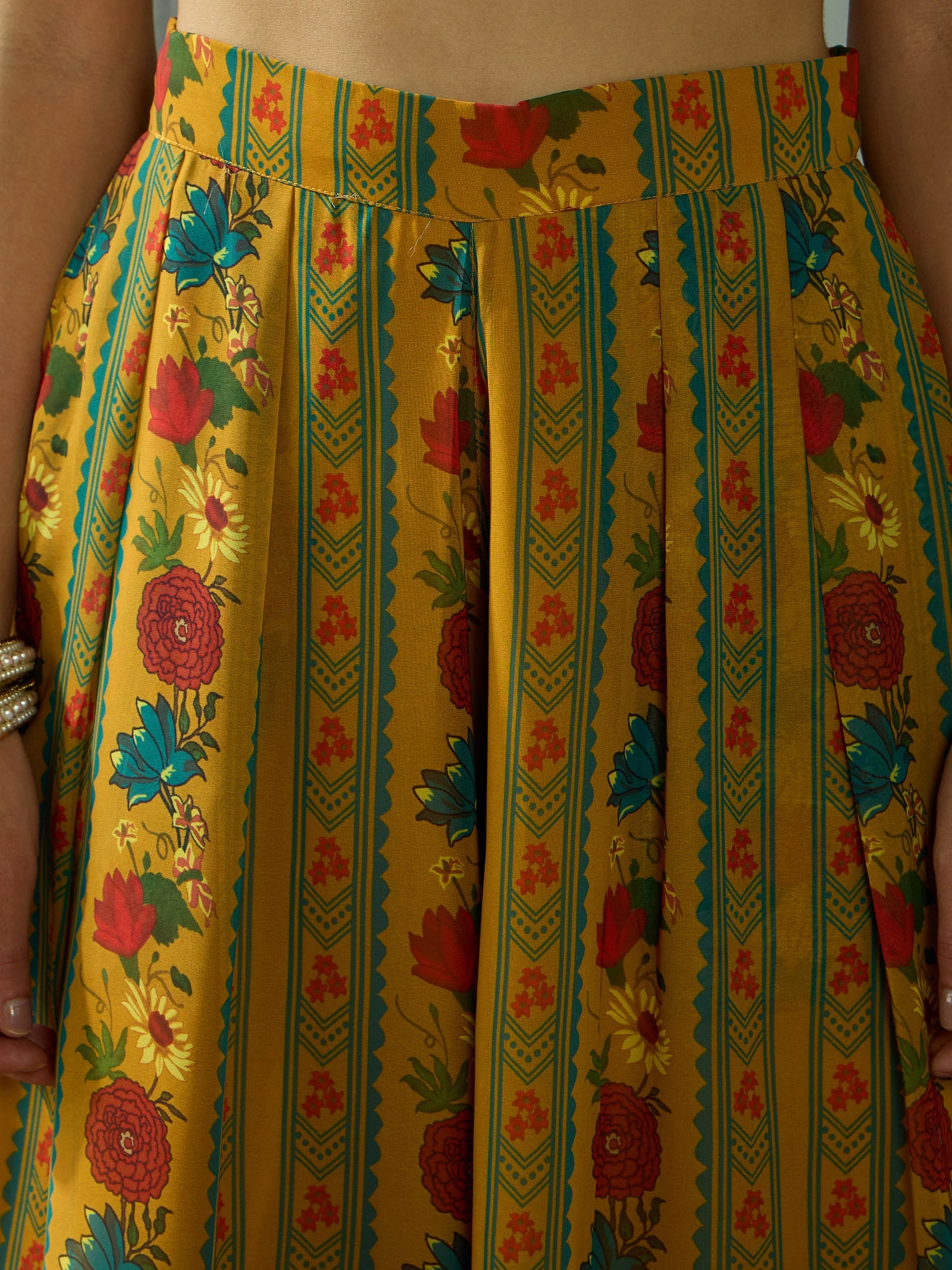 Women Mustard Floral Wrap Anarkali Kurta With Straight Pants - Image 5