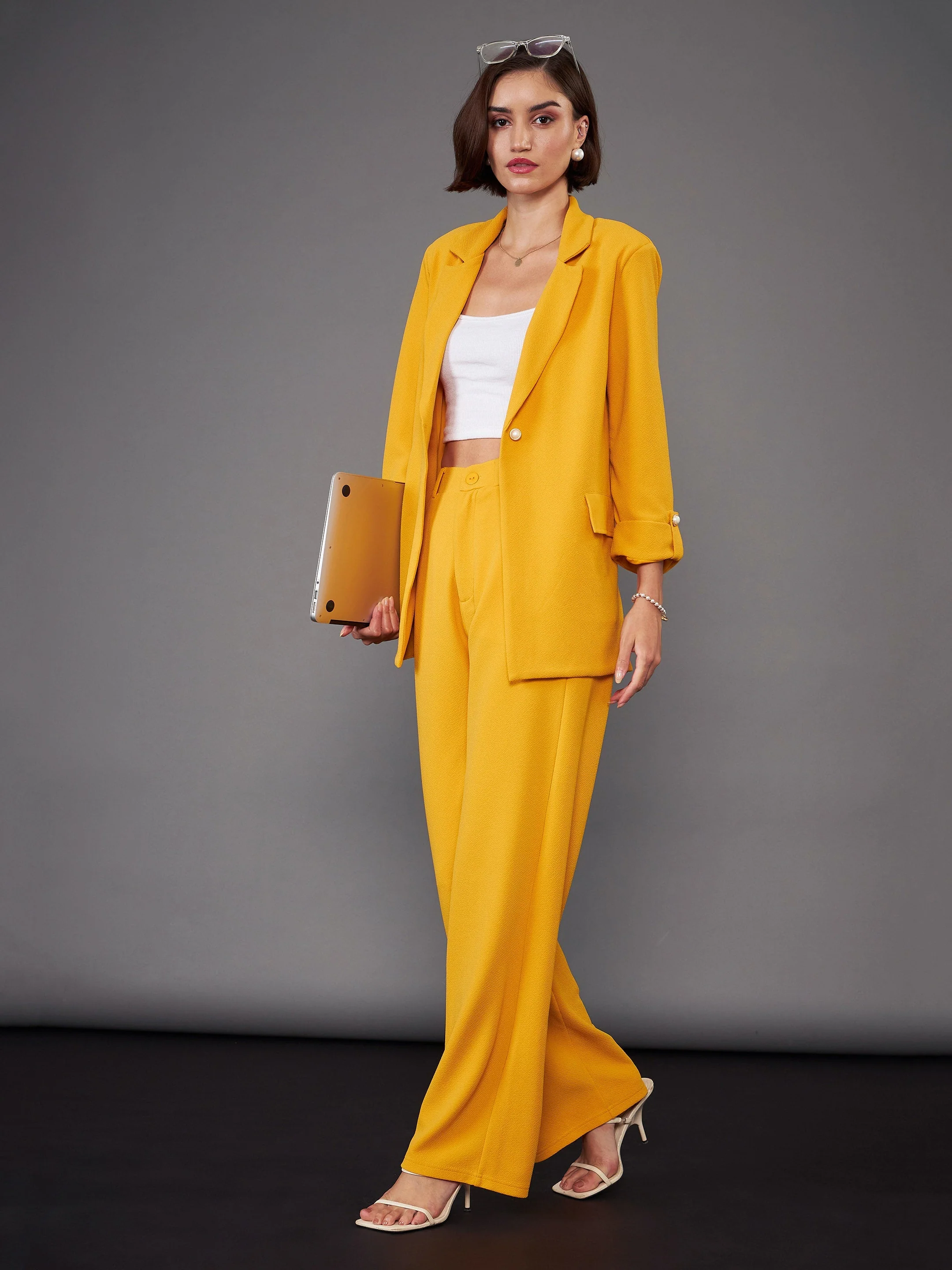 Women Mustard Front Button Blazer With Straight Pants - Image 2