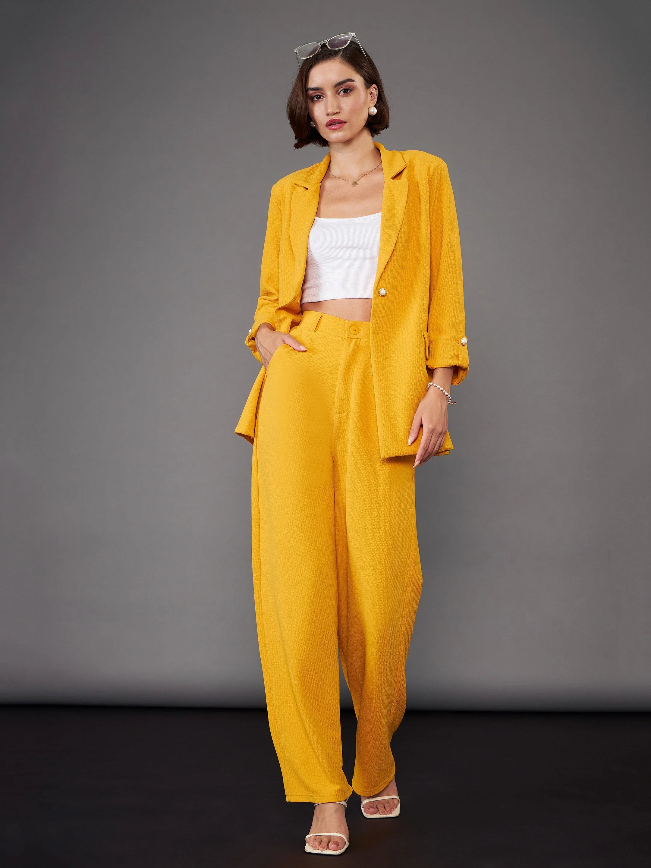 Women Mustard Front Button Blazer With Straight Pants - Image 3