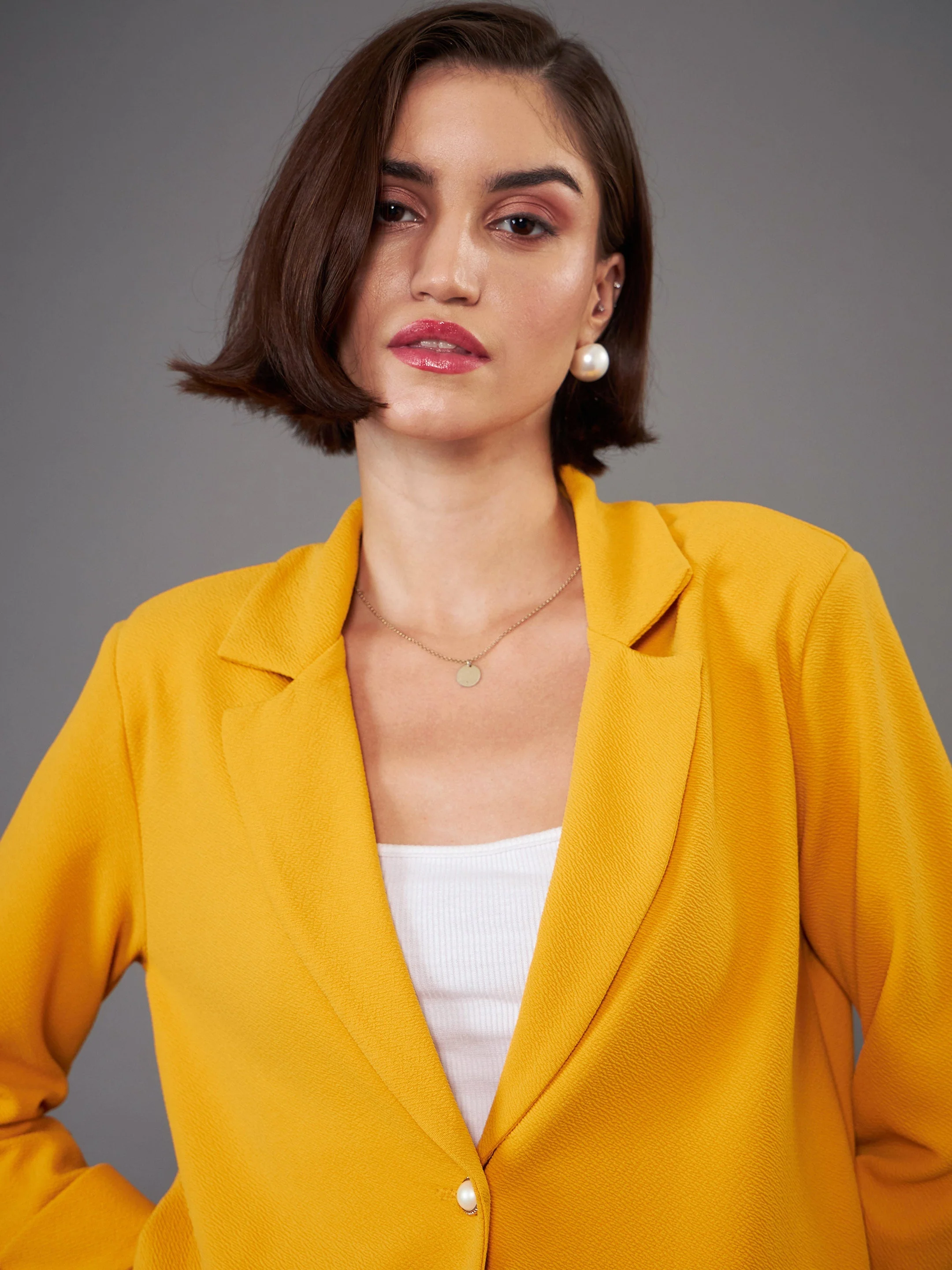 Women Mustard Front Button Blazer With Straight Pants - Image 4