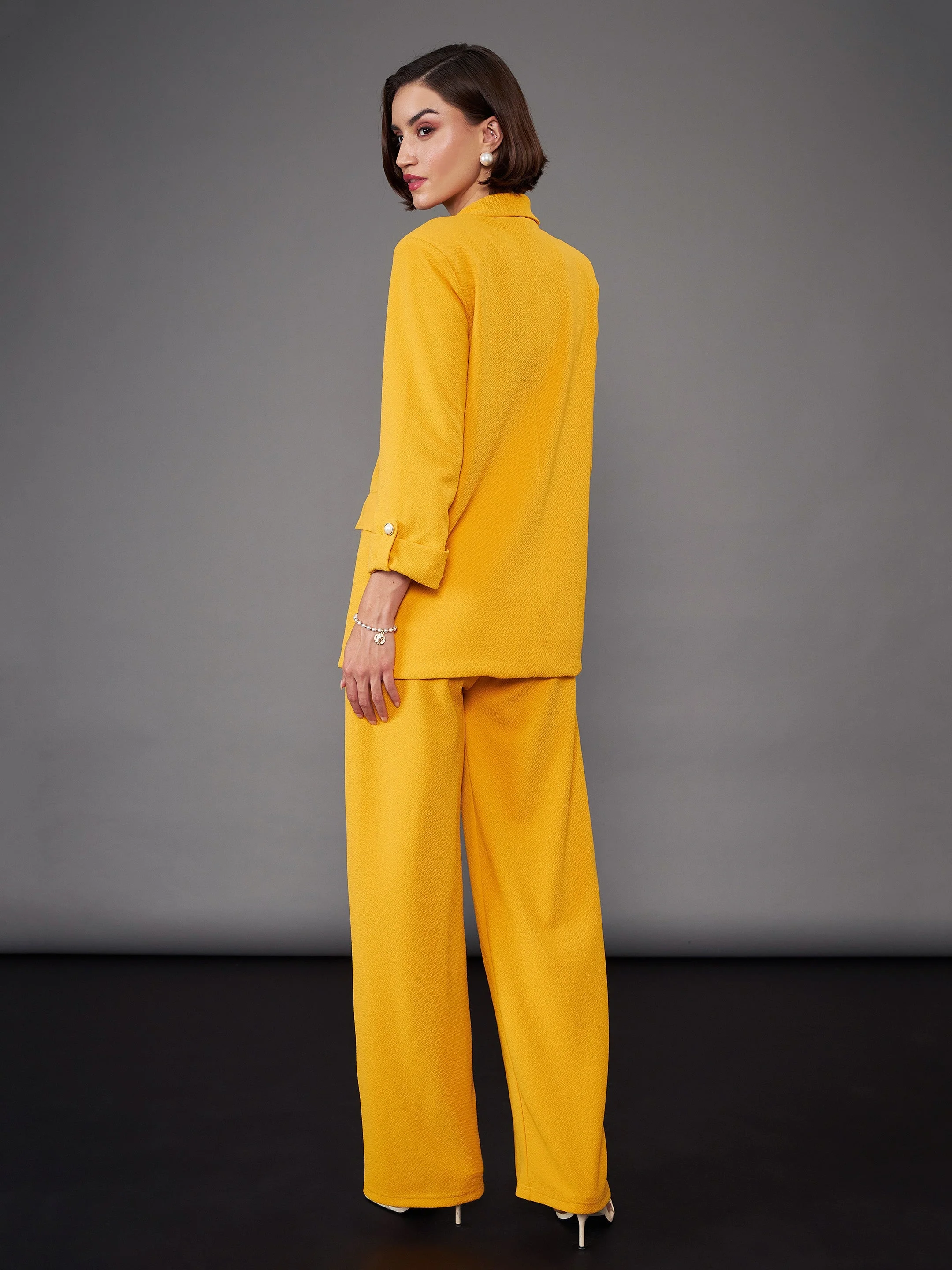 Women Mustard Front Button Blazer With Straight Pants - Image 6