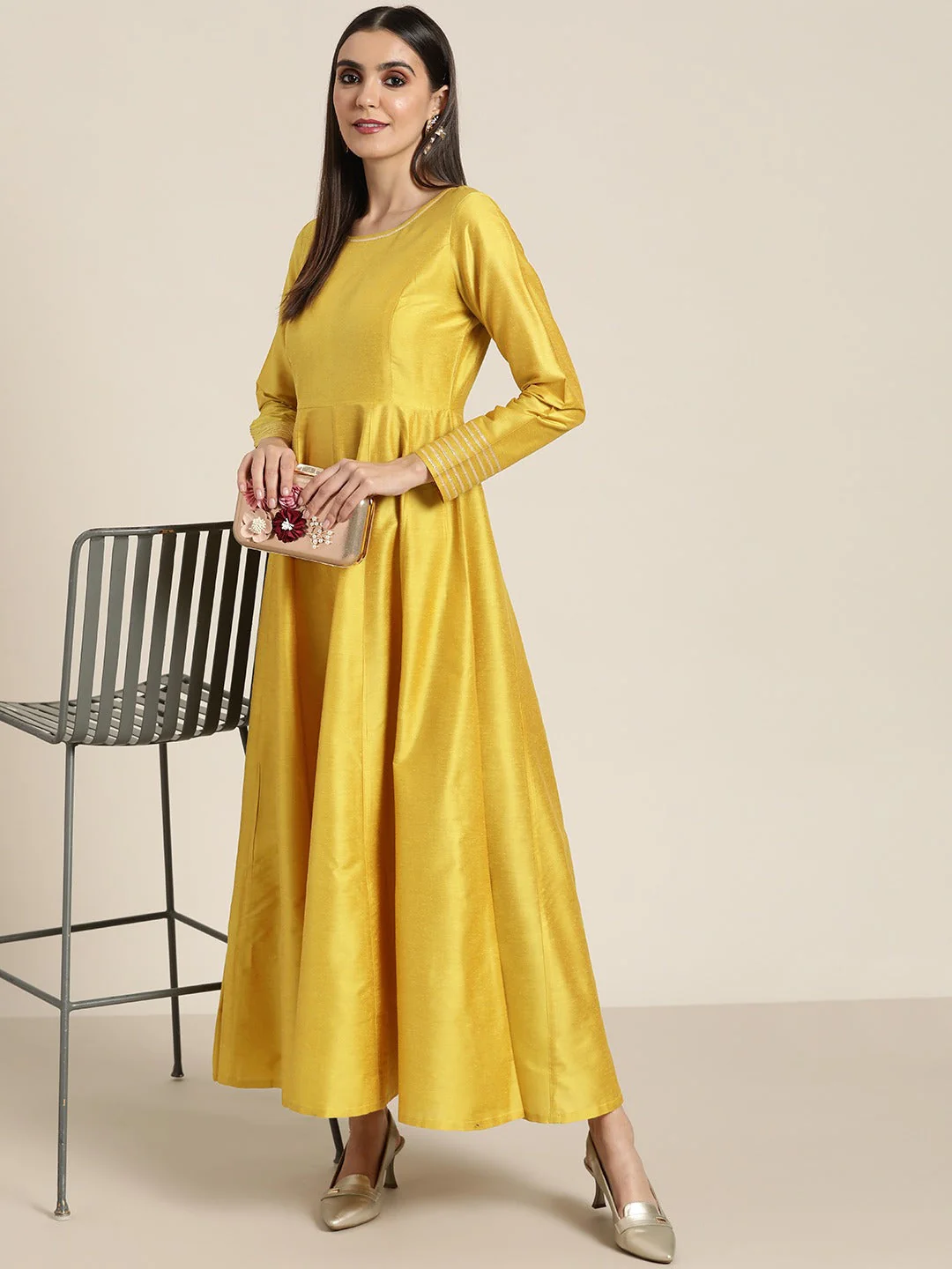 Women Mustard Gota Detail Anarkali Maxi Dress - Image 4