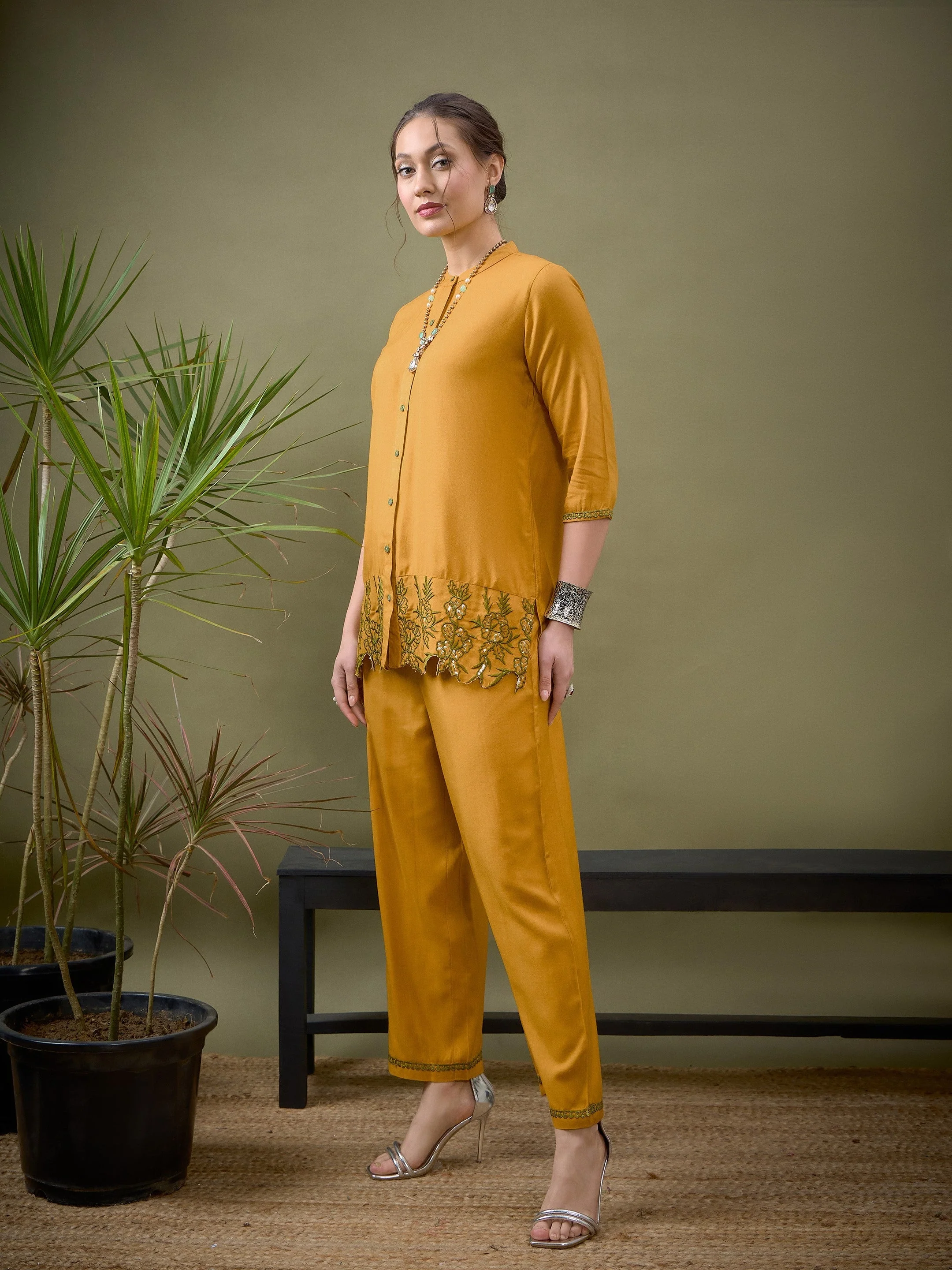 Women Mustard Placket Embroidered Shirt With Palazzos - Image 3