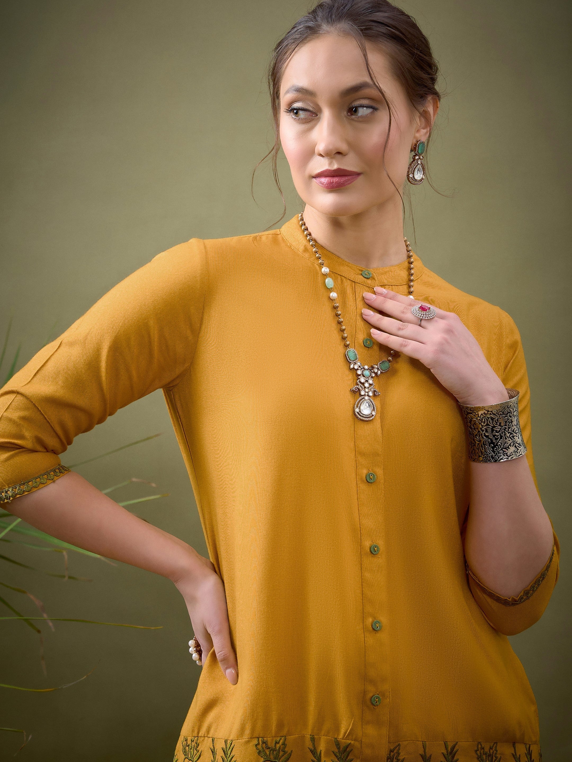 Women Mustard Placket Embroidered Shirt With Palazzos - Image 4