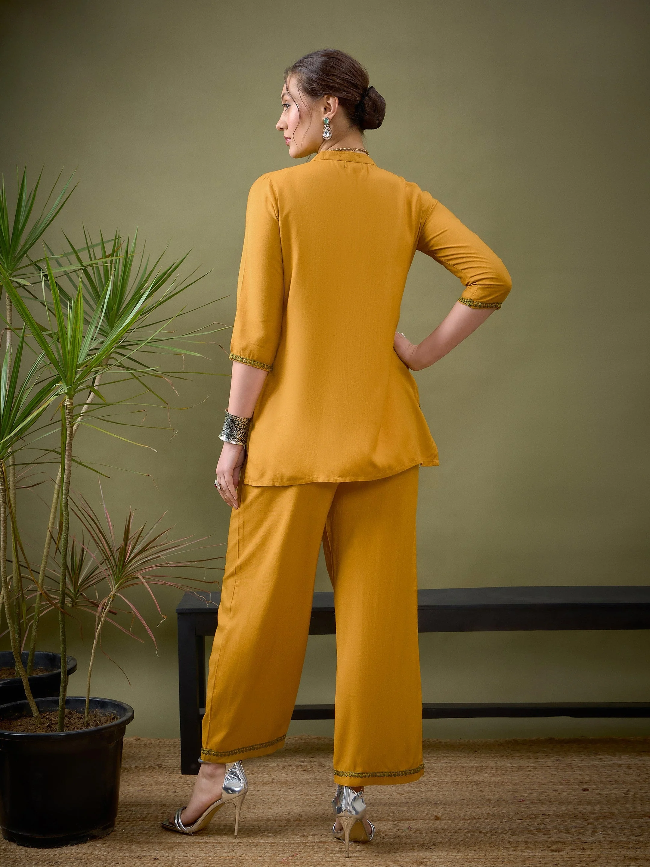 Women Mustard Placket Embroidered Shirt With Palazzos - Image 6