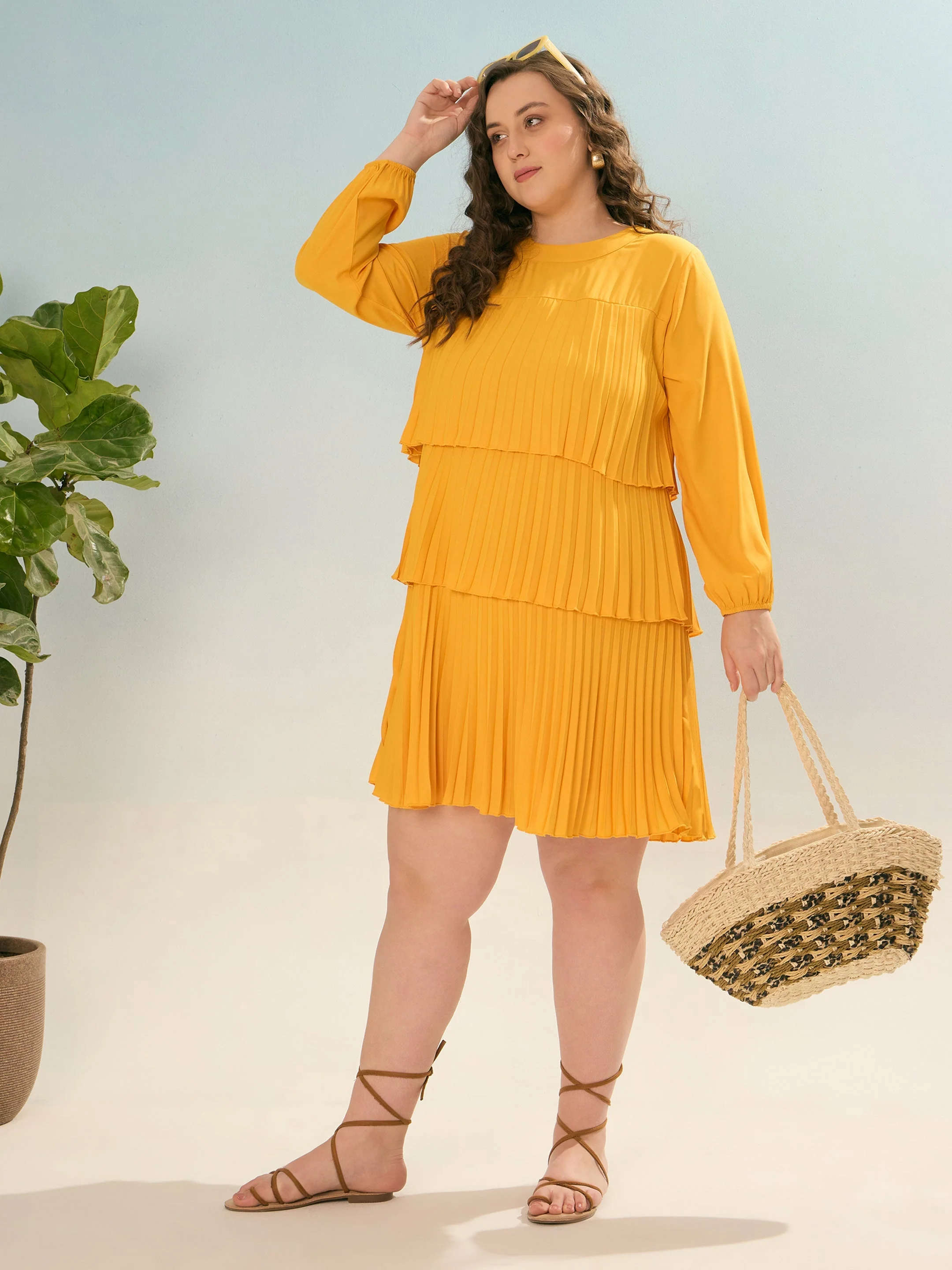 Women Mustard Pleated Skater Tiered Dress - Image 2