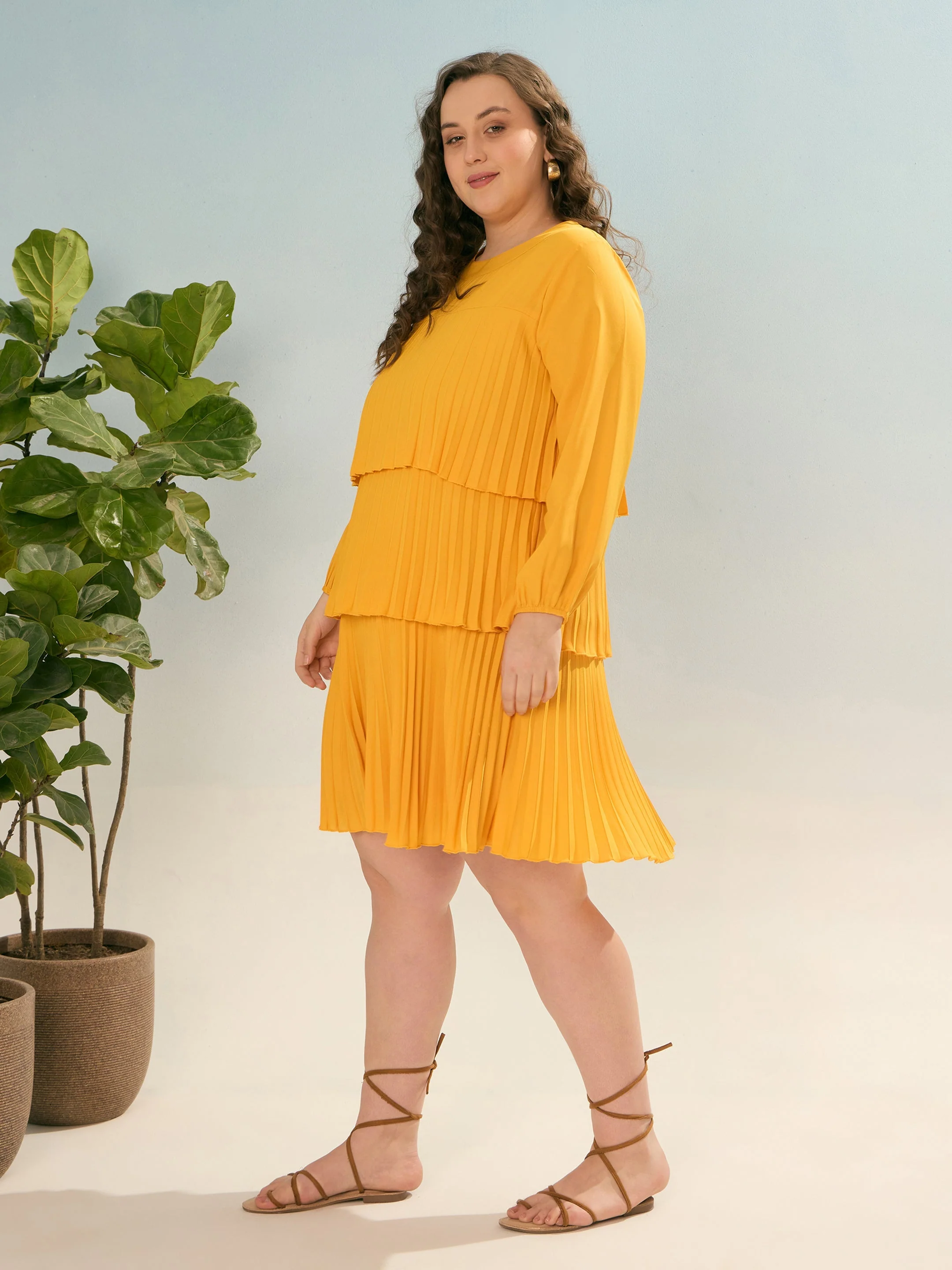 Women Mustard Pleated Skater Tiered Dress - Image 3