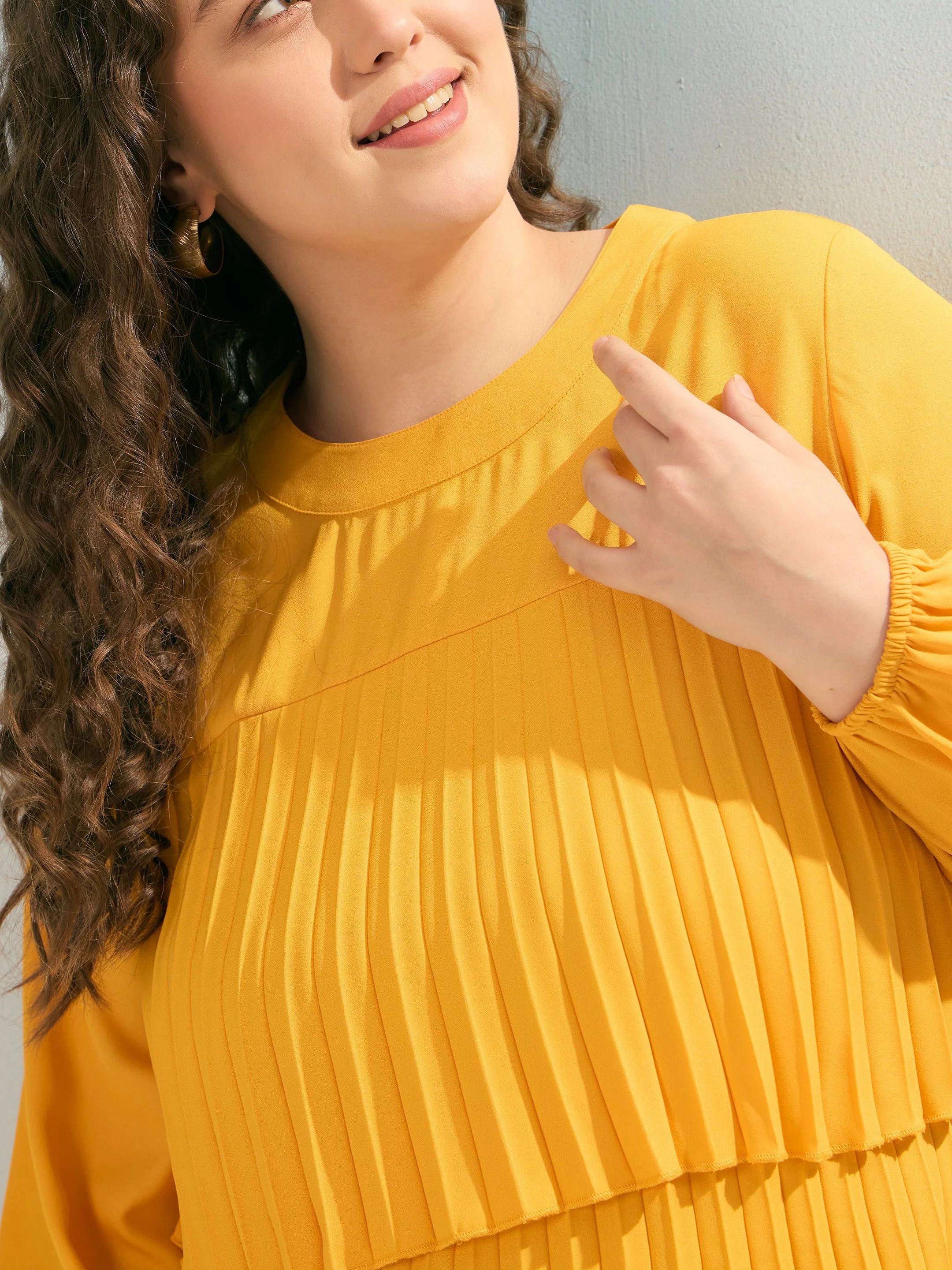 Women Mustard Pleated Skater Tiered Dress - Image 4