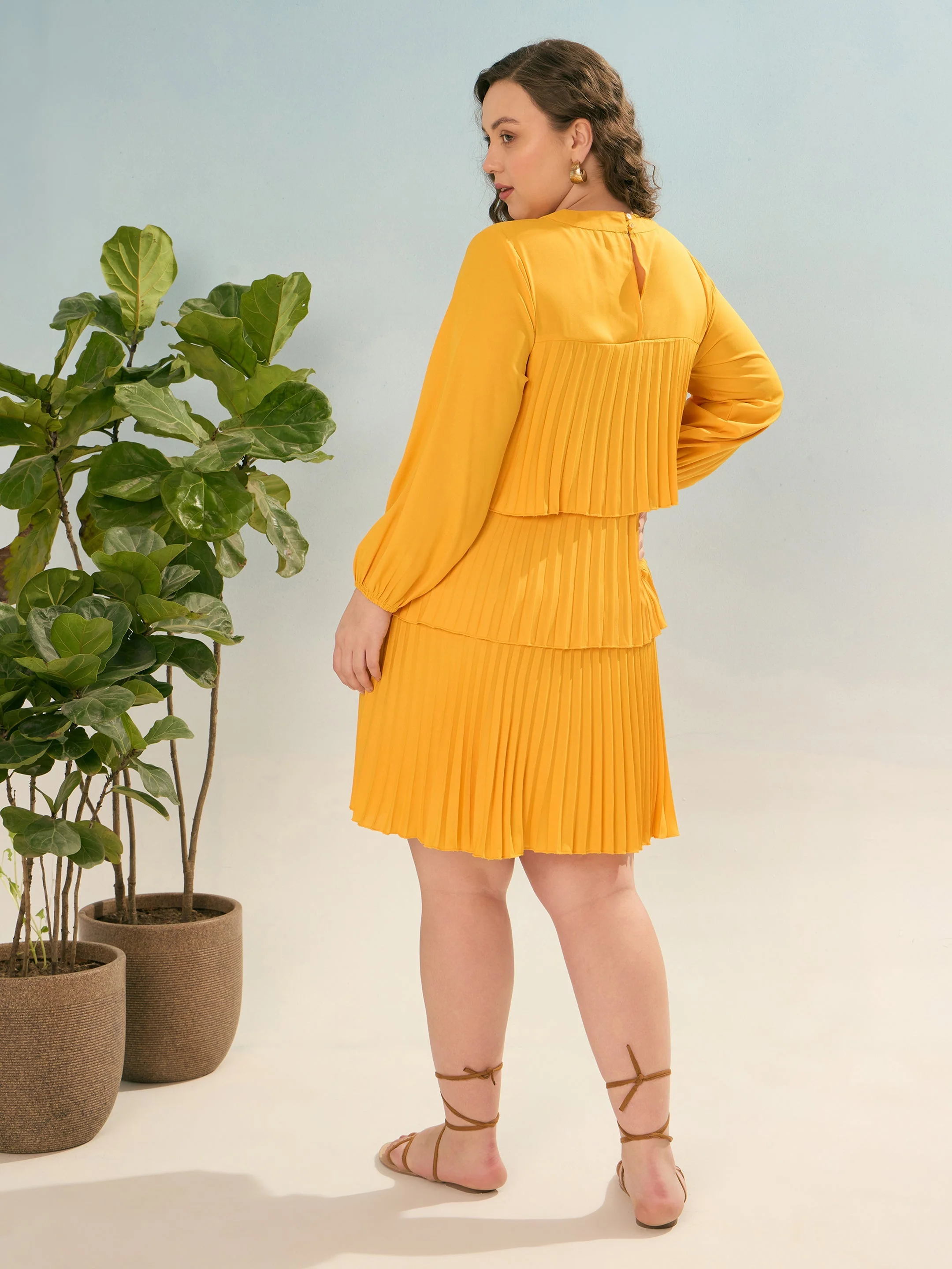 Women Mustard Pleated Skater Tiered Dress - Image 5