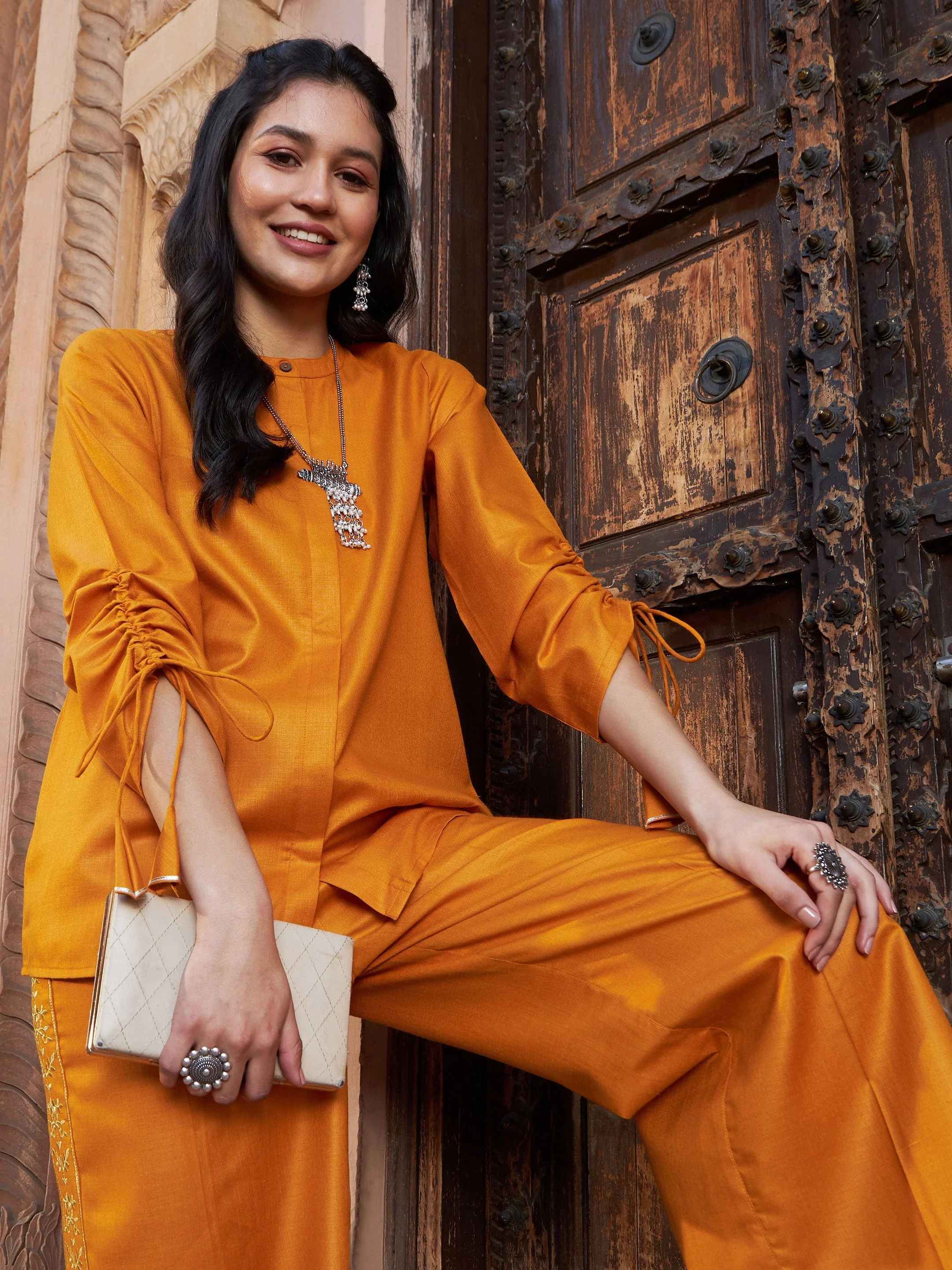 Women Mustard Ruched Sleeve Top With Embroidered Pants - Image 2