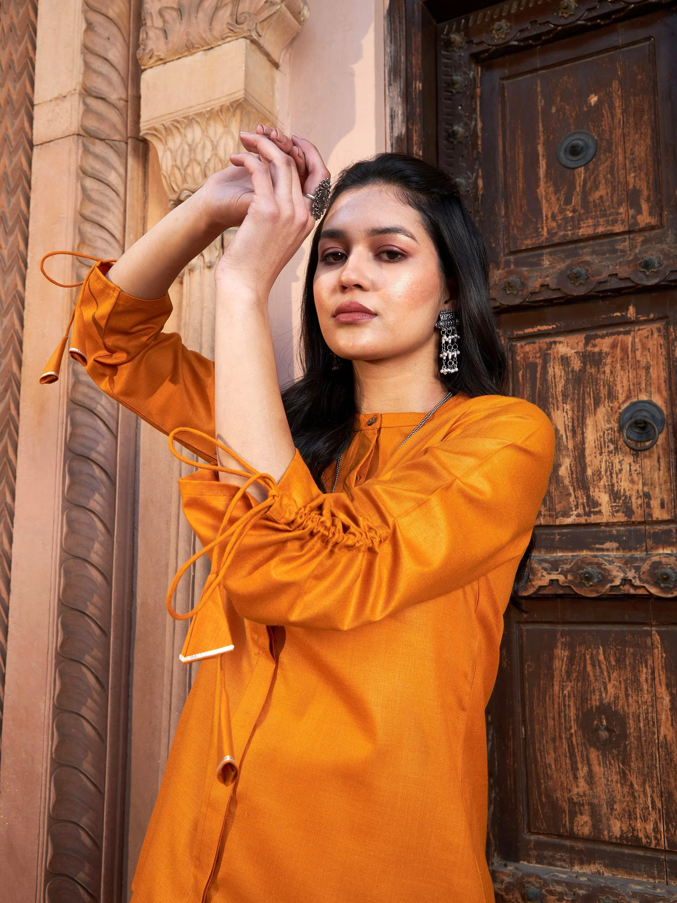Women Mustard Ruched Sleeve Top With Embroidered Pants - Image 3
