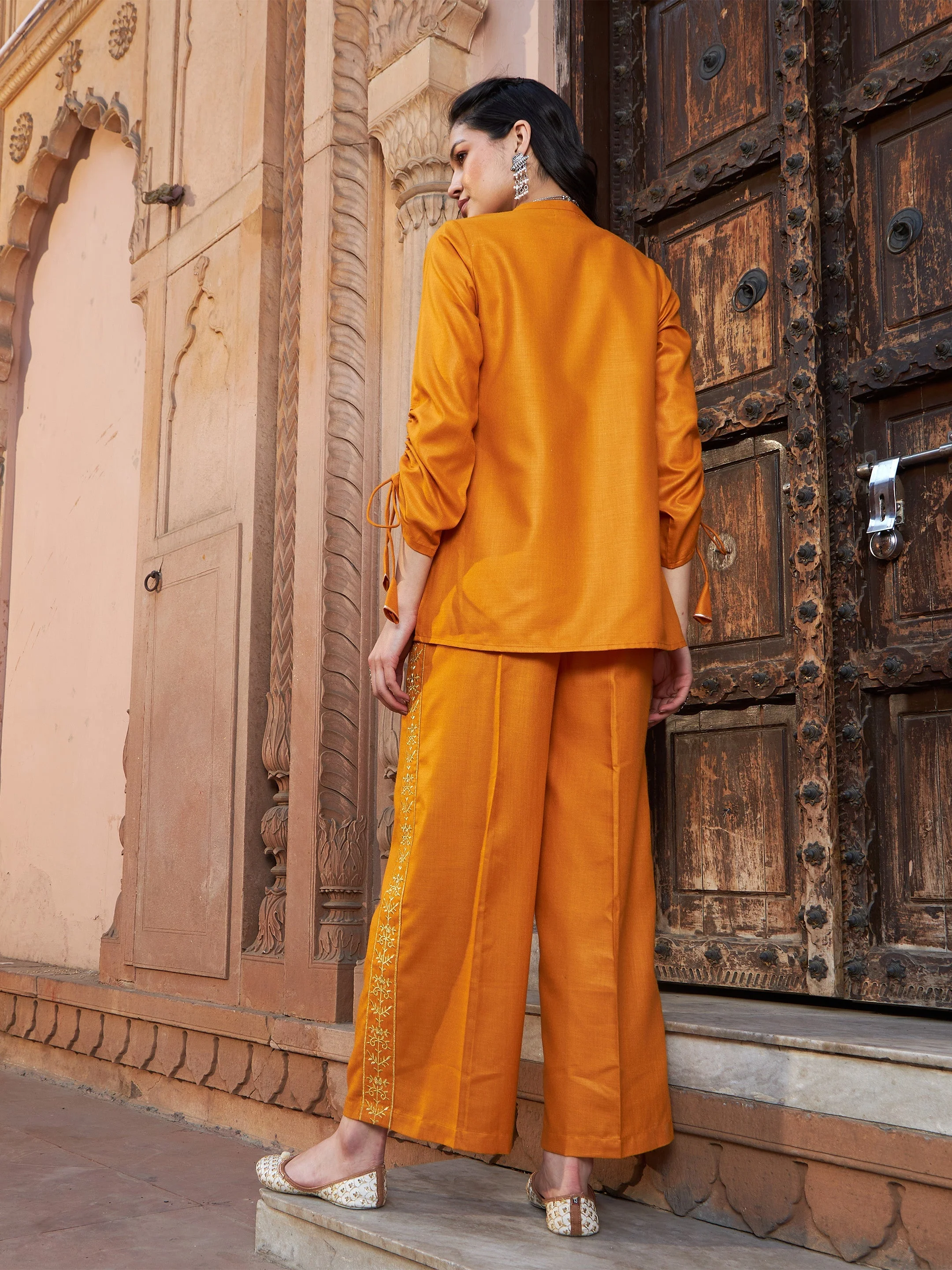 Women Mustard Ruched Sleeve Top With Embroidered Pants - Image 4