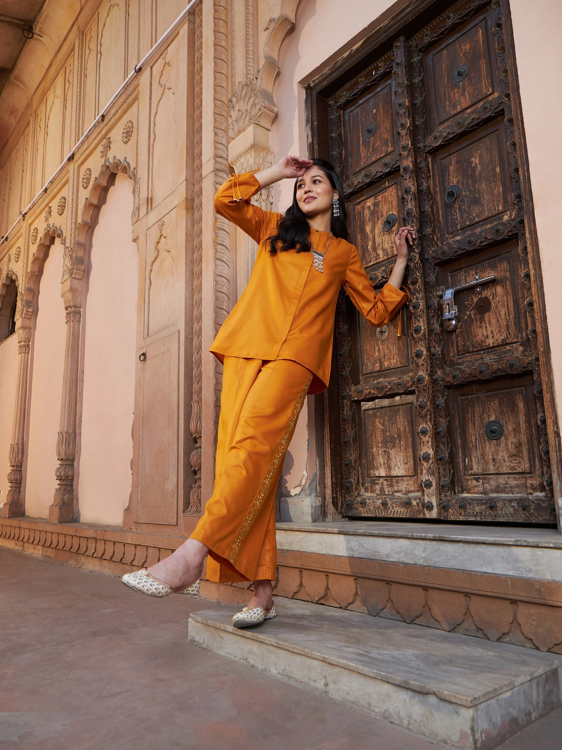 Women Mustard Ruched Sleeve Top With Embroidered Pants - Image 5