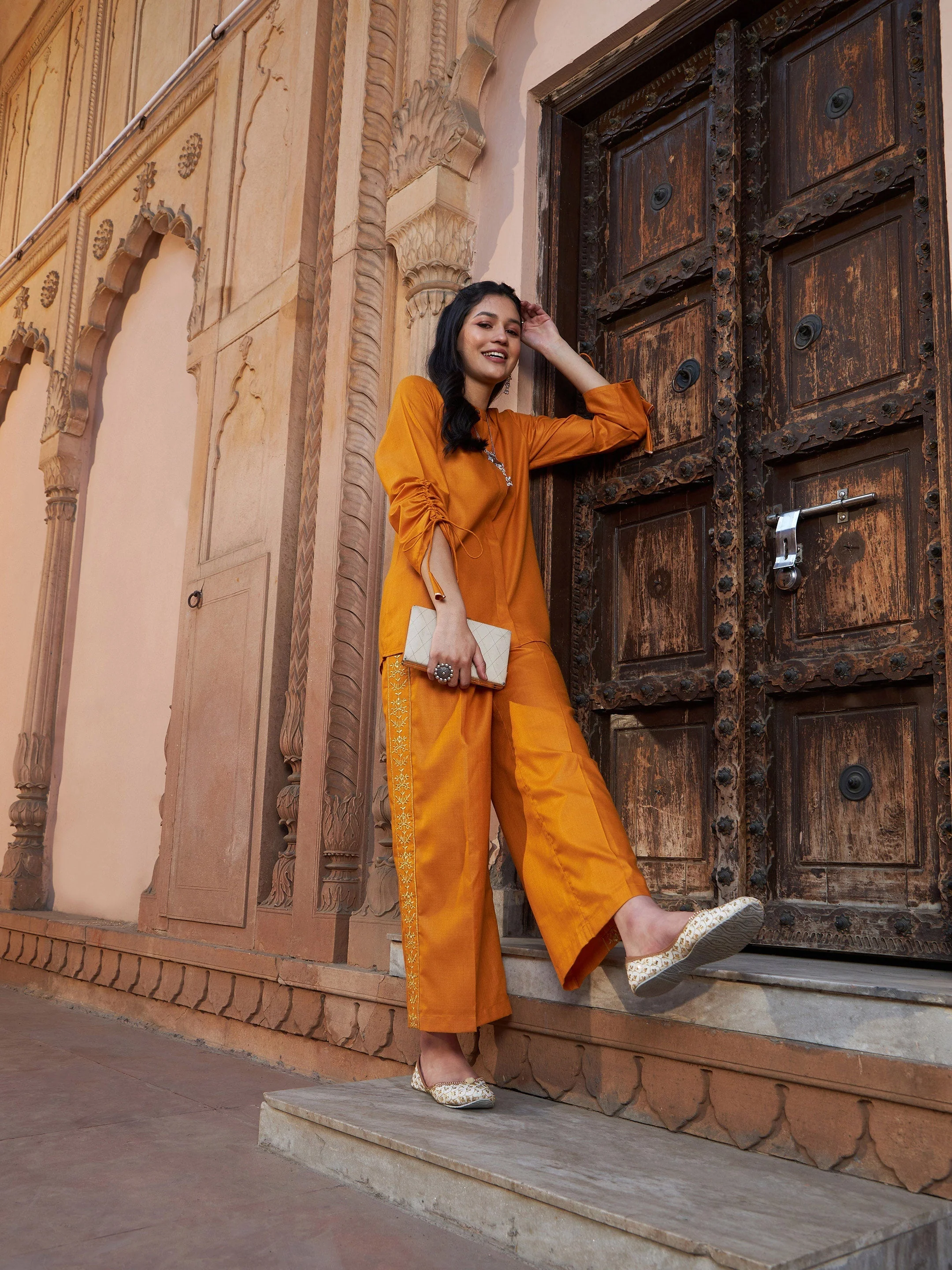 Women Mustard Ruched Sleeve Top With Embroidered Pants - Image 6