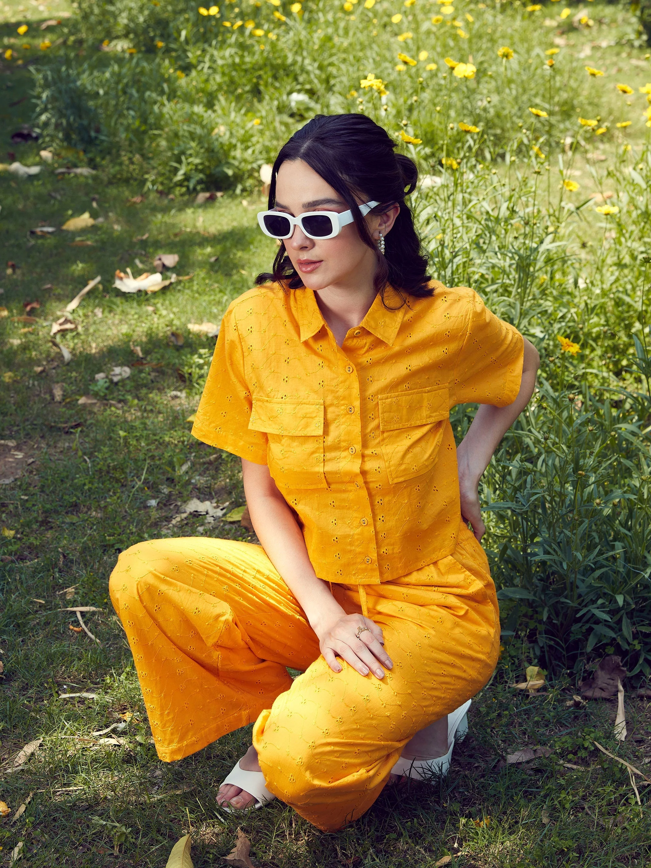Women Mustard Schiffli Crop Shirt With Wide Leg Pants - Image 2