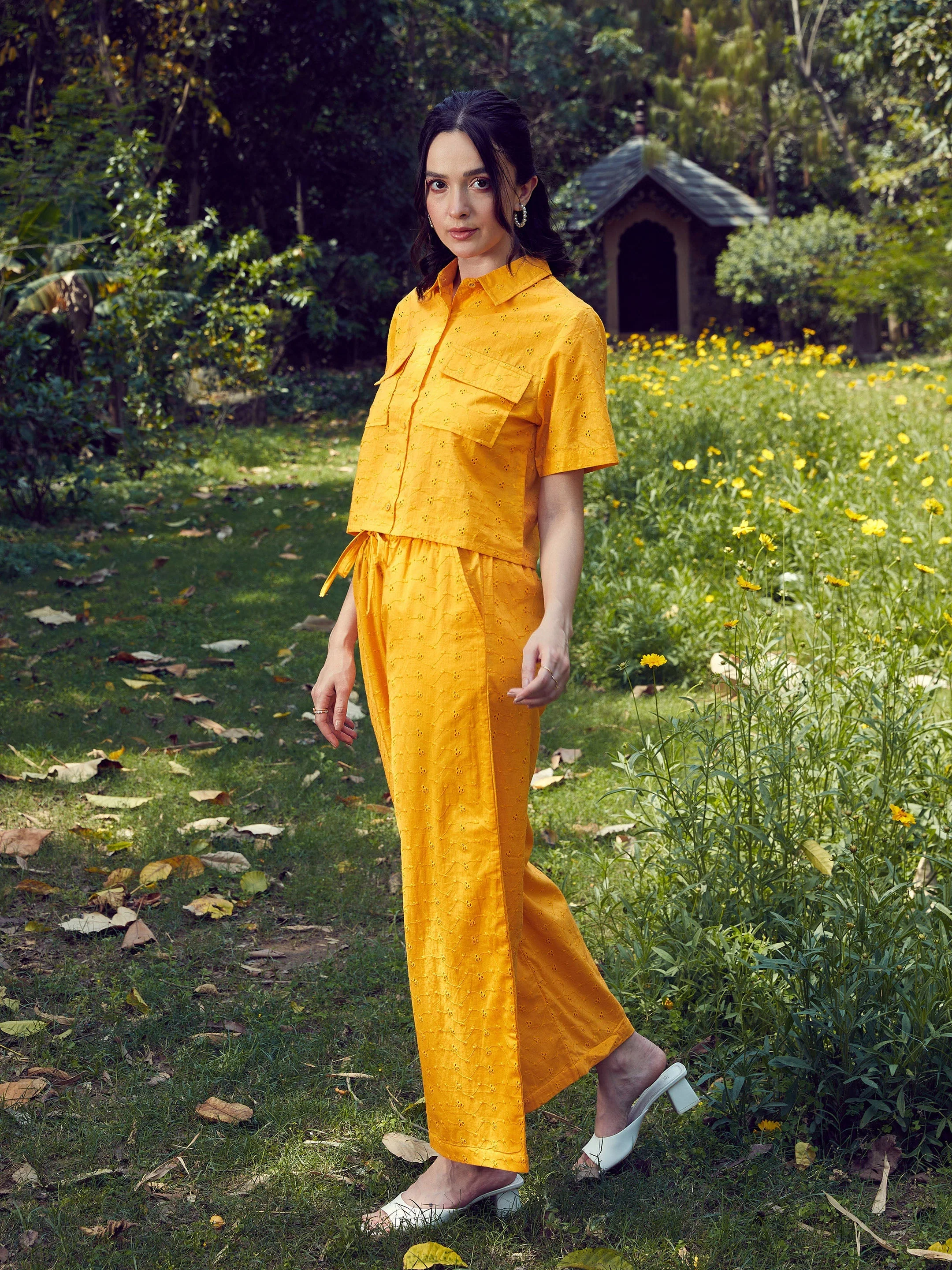 Women Mustard Schiffli Crop Shirt With Wide Leg Pants - Image 3