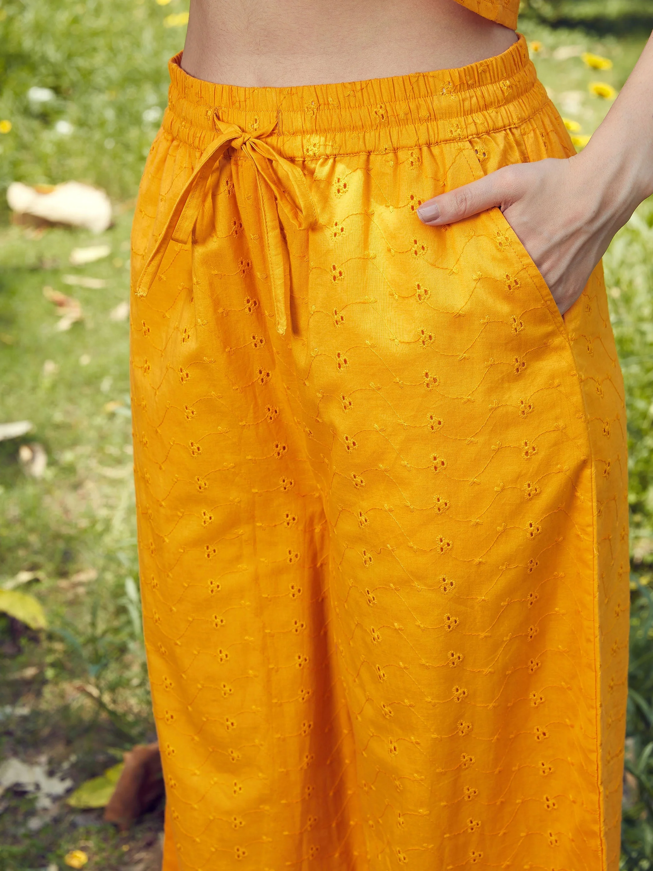 Women Mustard Schiffli Crop Shirt With Wide Leg Pants - Image 5