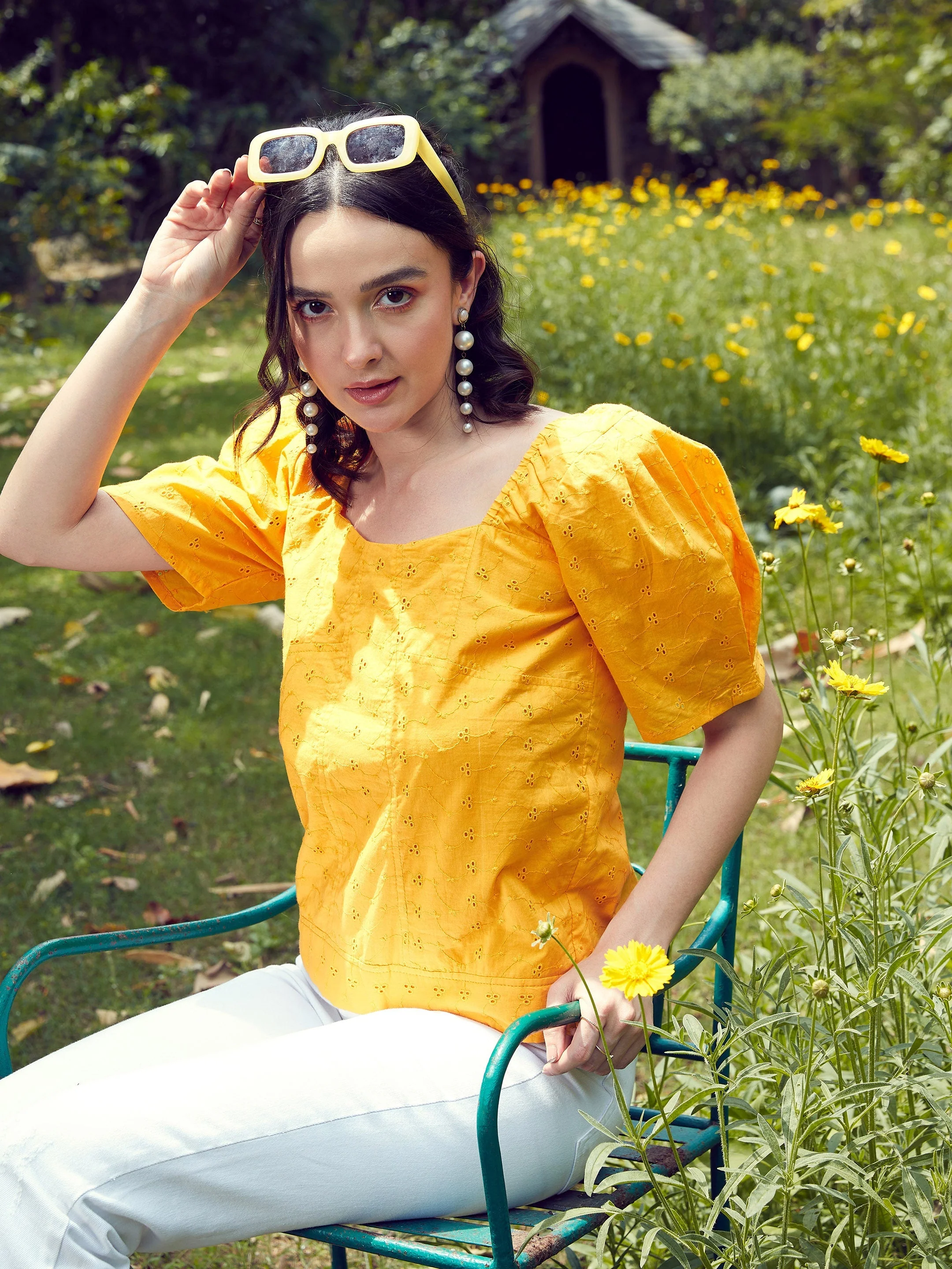 Women Mustard Schiffli Square Neck Smoked Top - Image 2