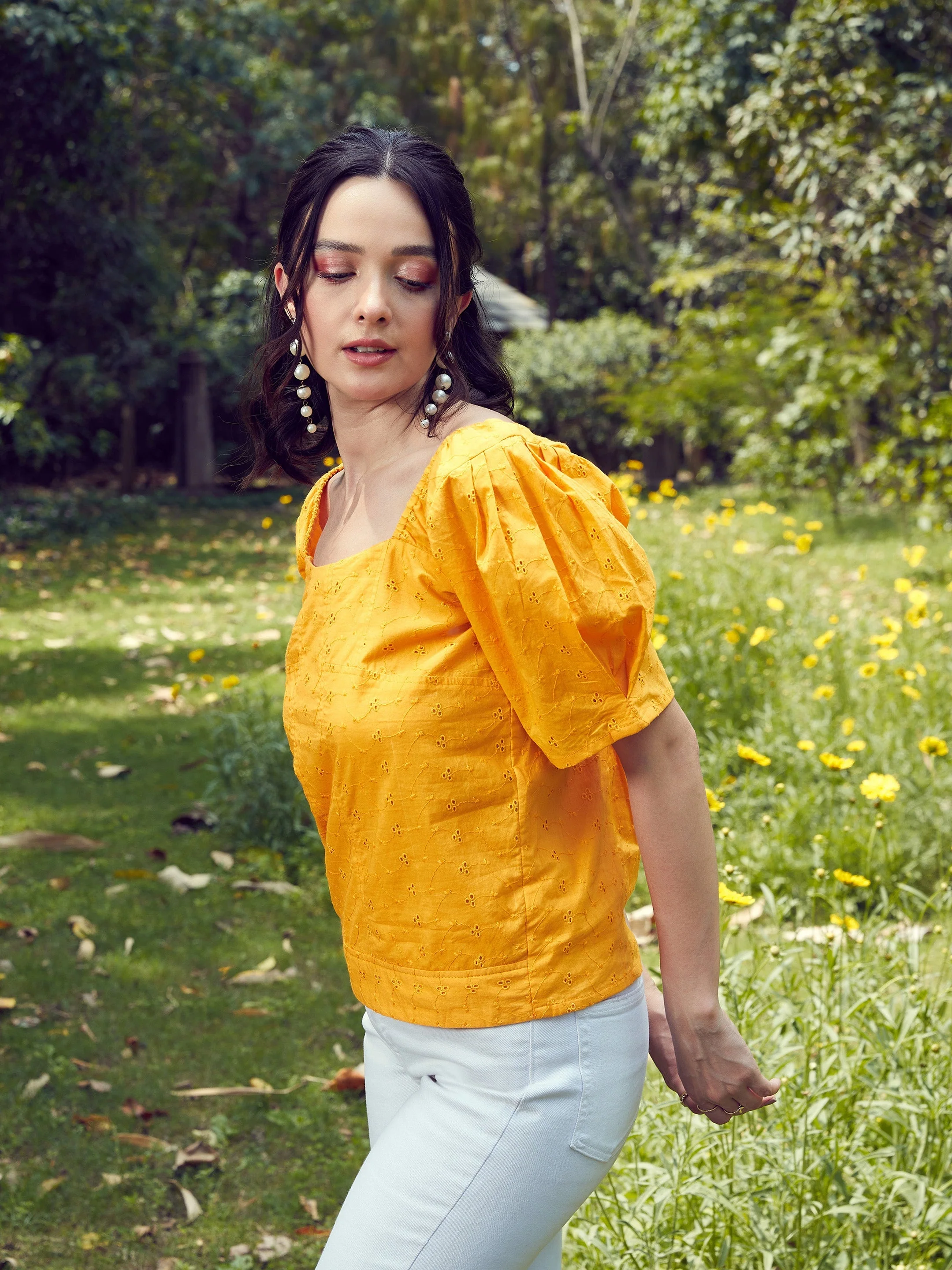 Women Mustard Schiffli Square Neck Smoked Top - Image 3