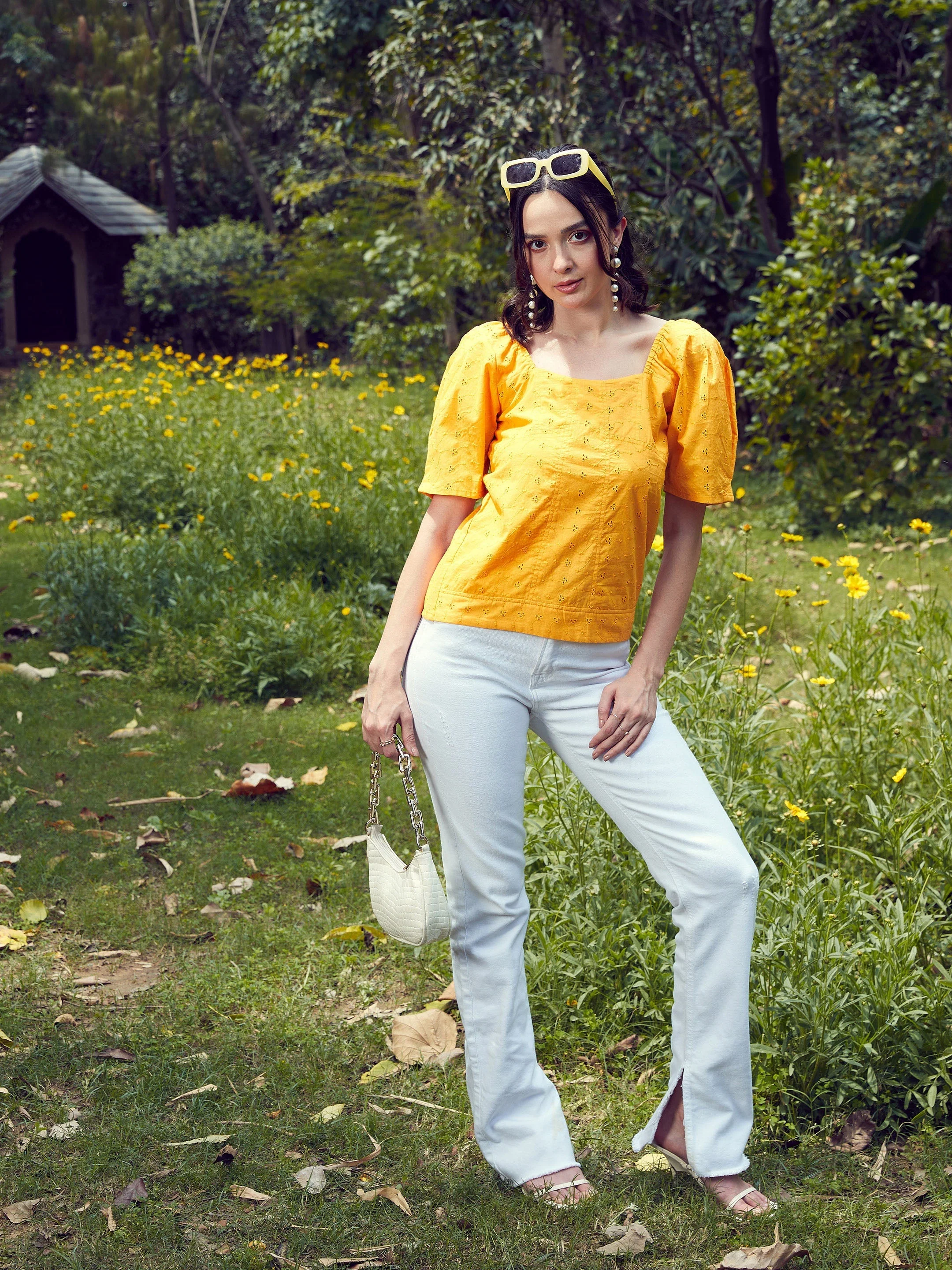 Women Mustard Schiffli Square Neck Smoked Top - Image 4