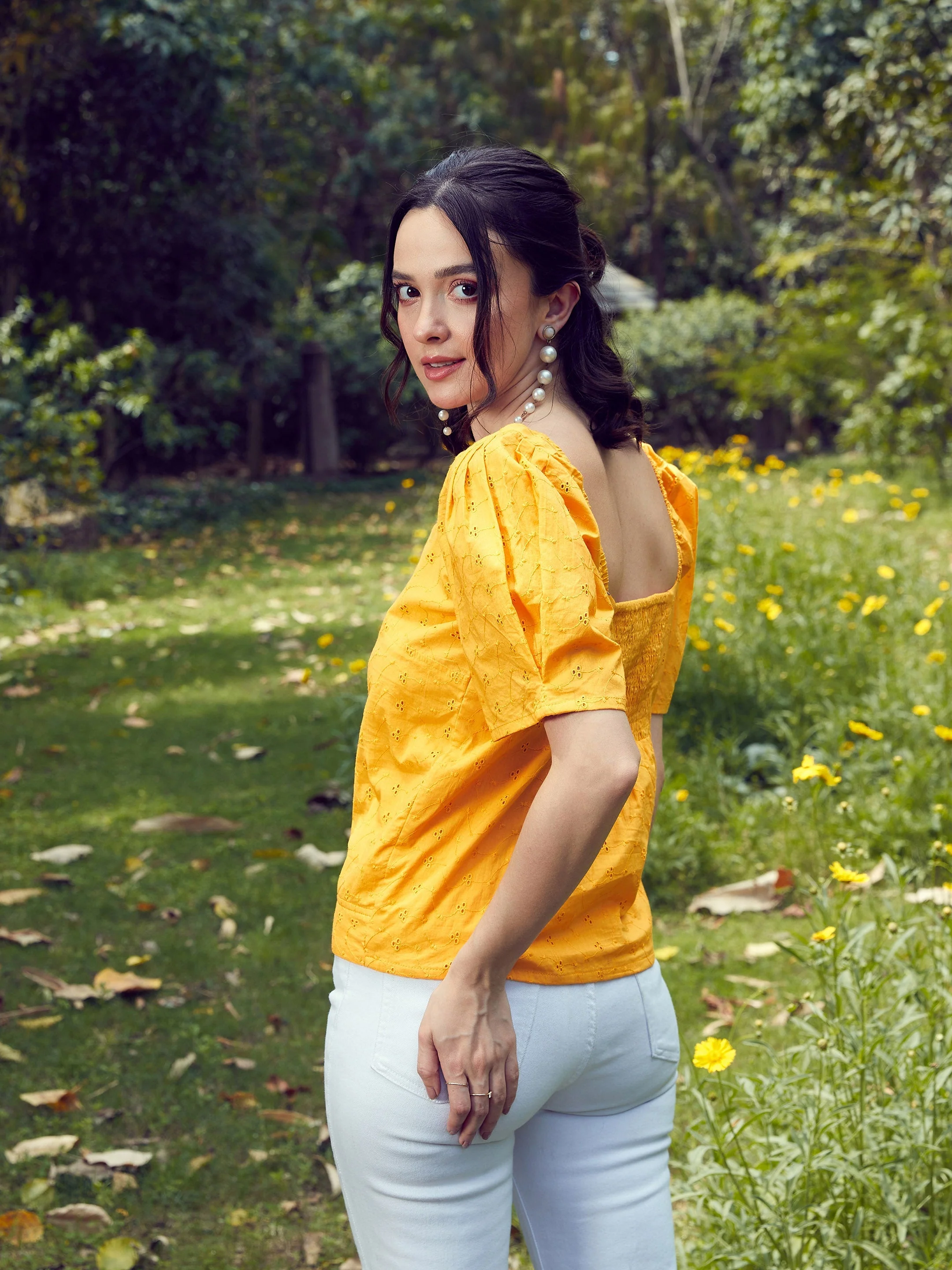 Women Mustard Schiffli Square Neck Smoked Top - Image 5