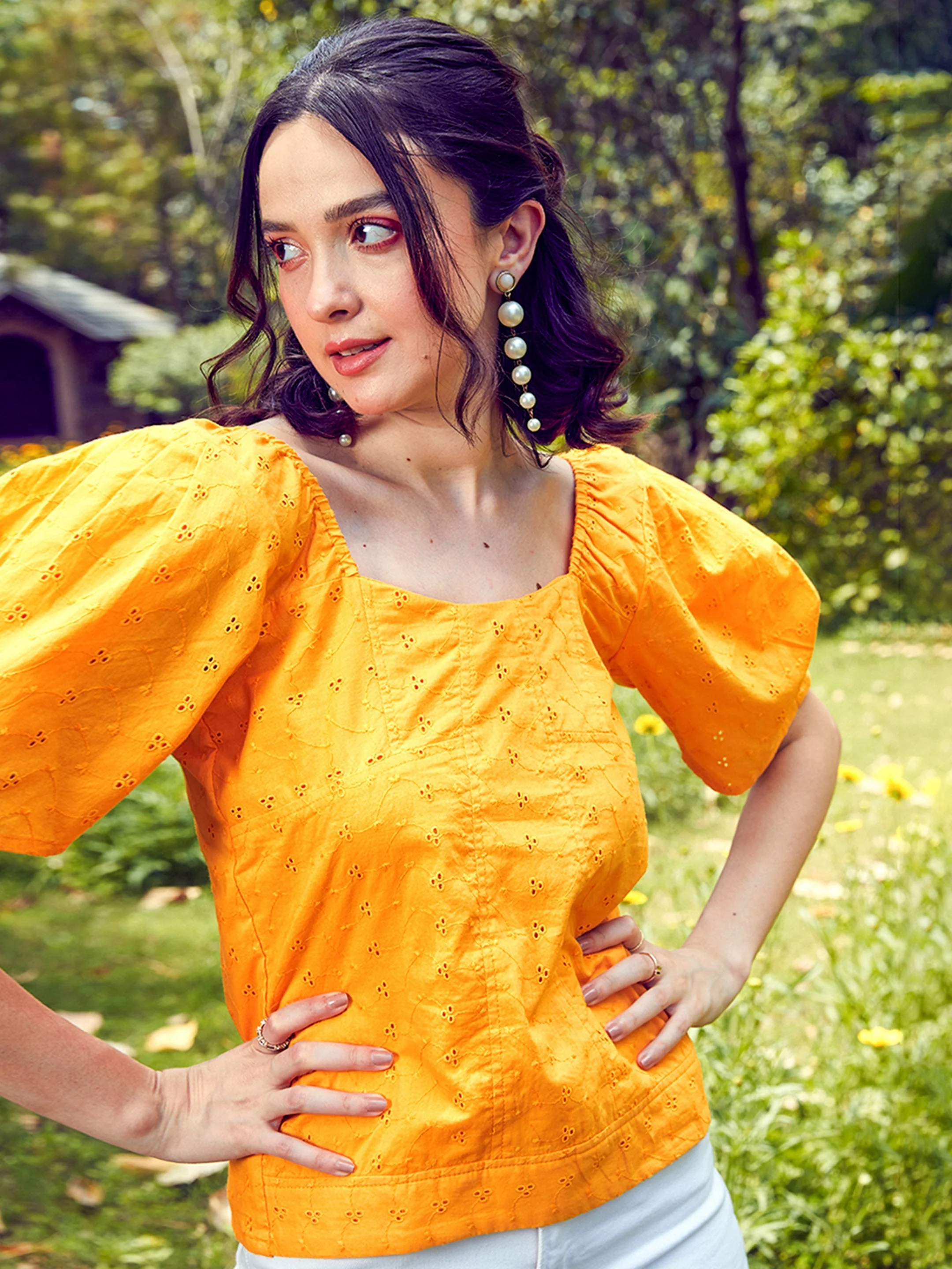 Women Mustard Schiffli Square Neck Smoked Top - Image 6
