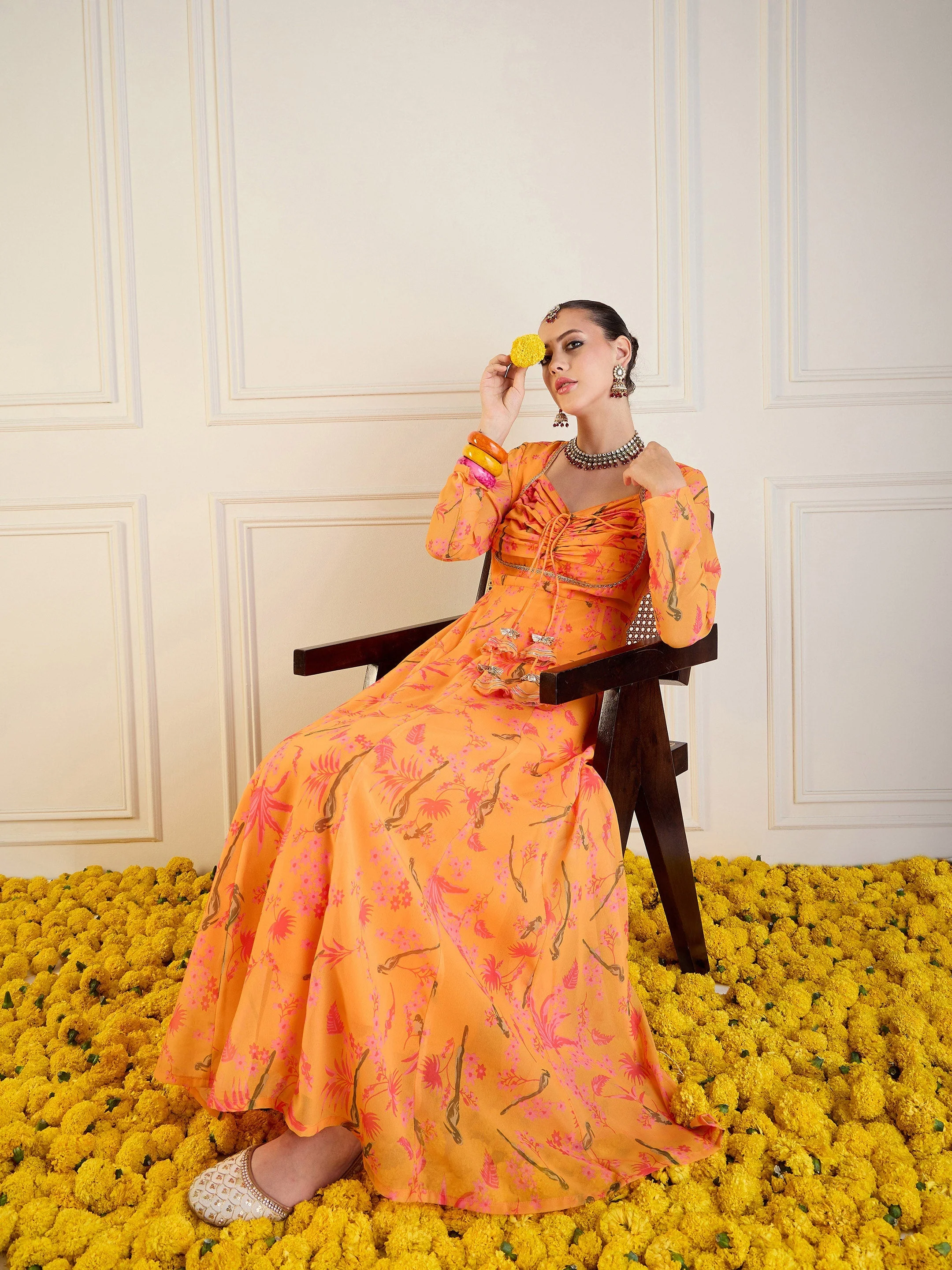 Women Mustard Tropical Printed Front Dori Long Anarkali - Image 2