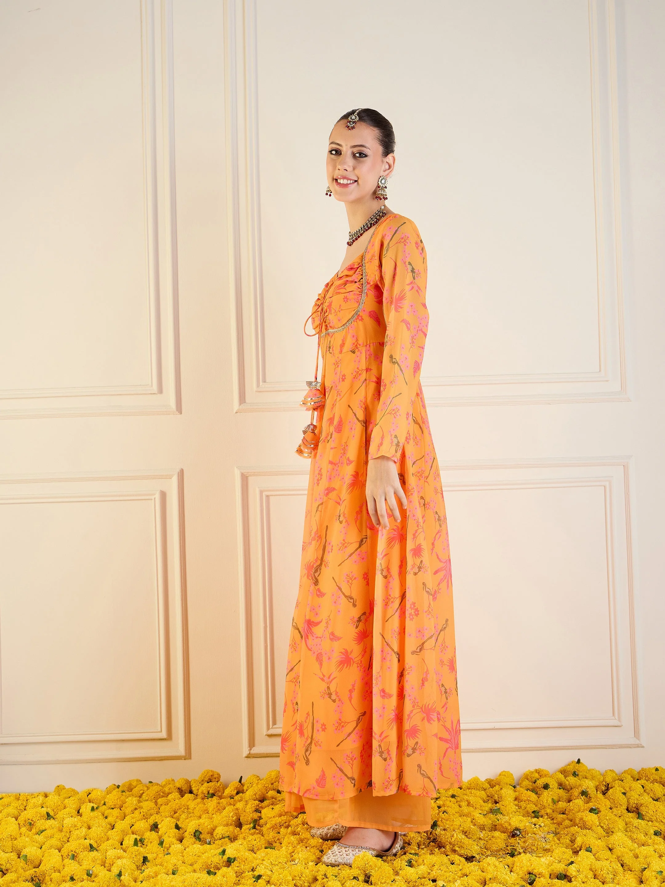 Women Mustard Tropical Printed Front Dori Long Anarkali - Image 3