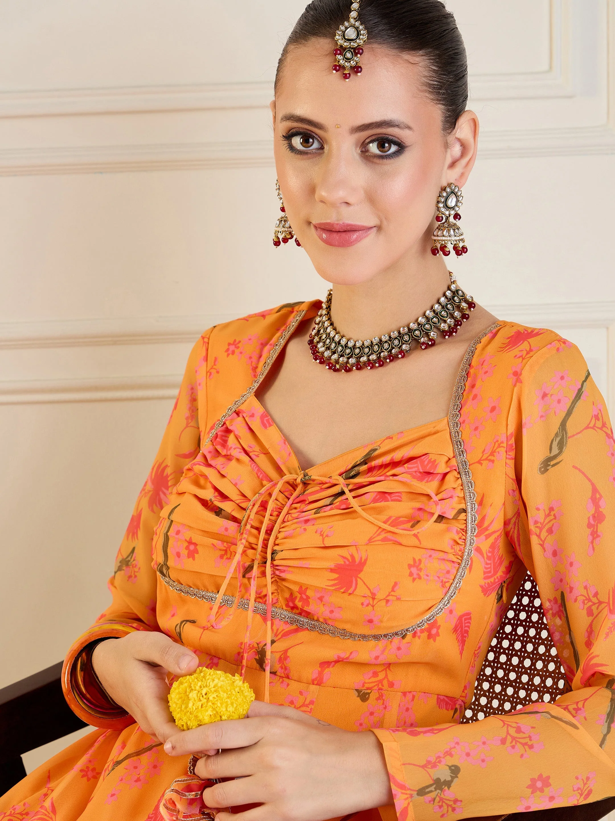 Women Mustard Tropical Printed Front Dori Long Anarkali - Image 4
