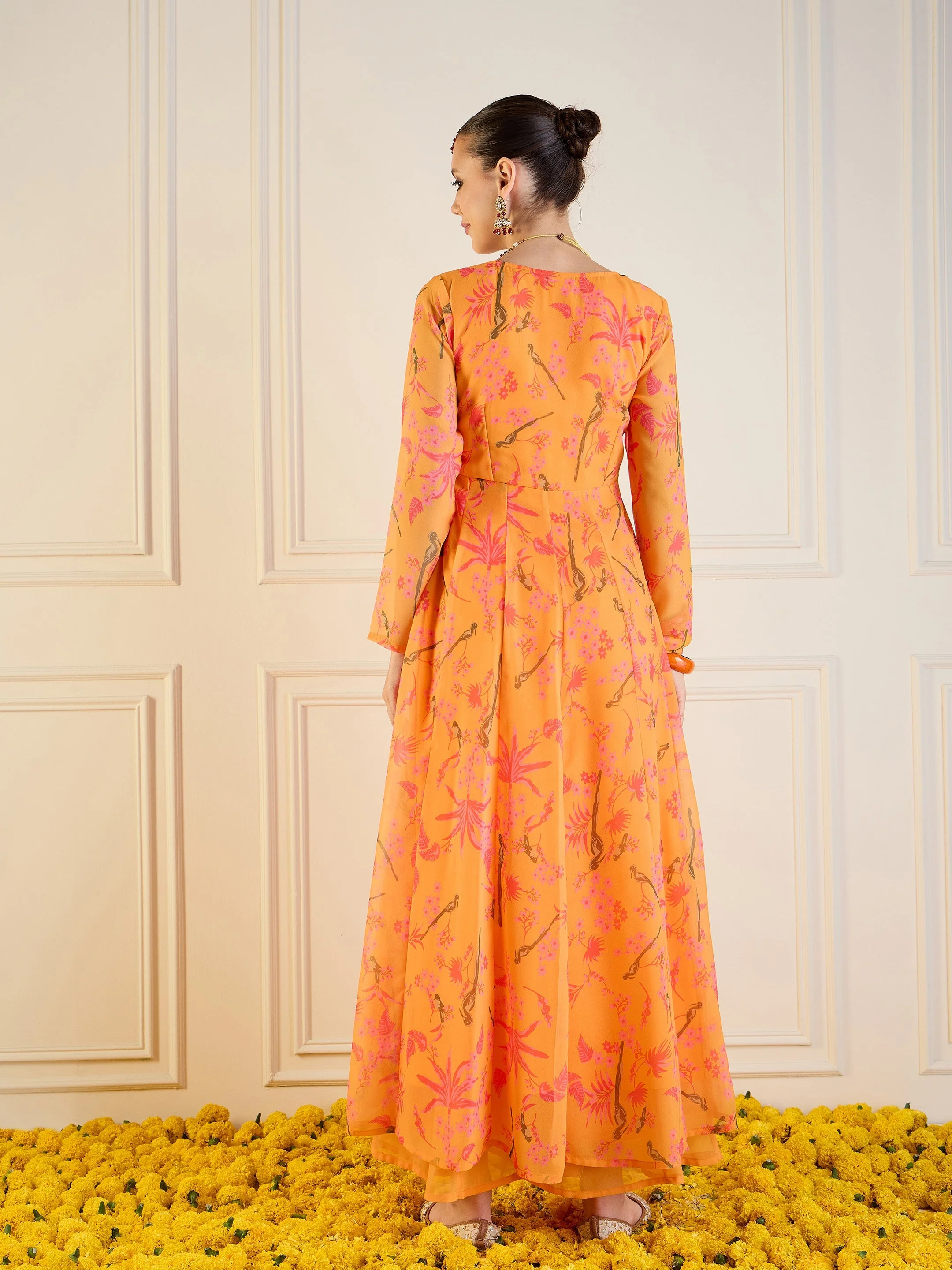Women Mustard Tropical Printed Front Dori Long Anarkali - Image 5