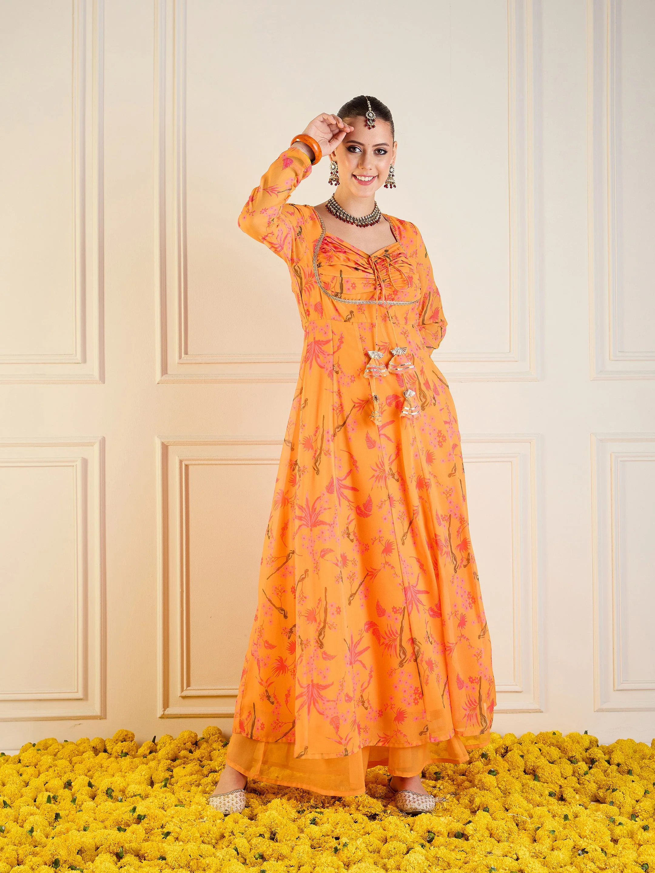 Women Mustard Tropical Printed Front Dori Long Anarkali - Image 6