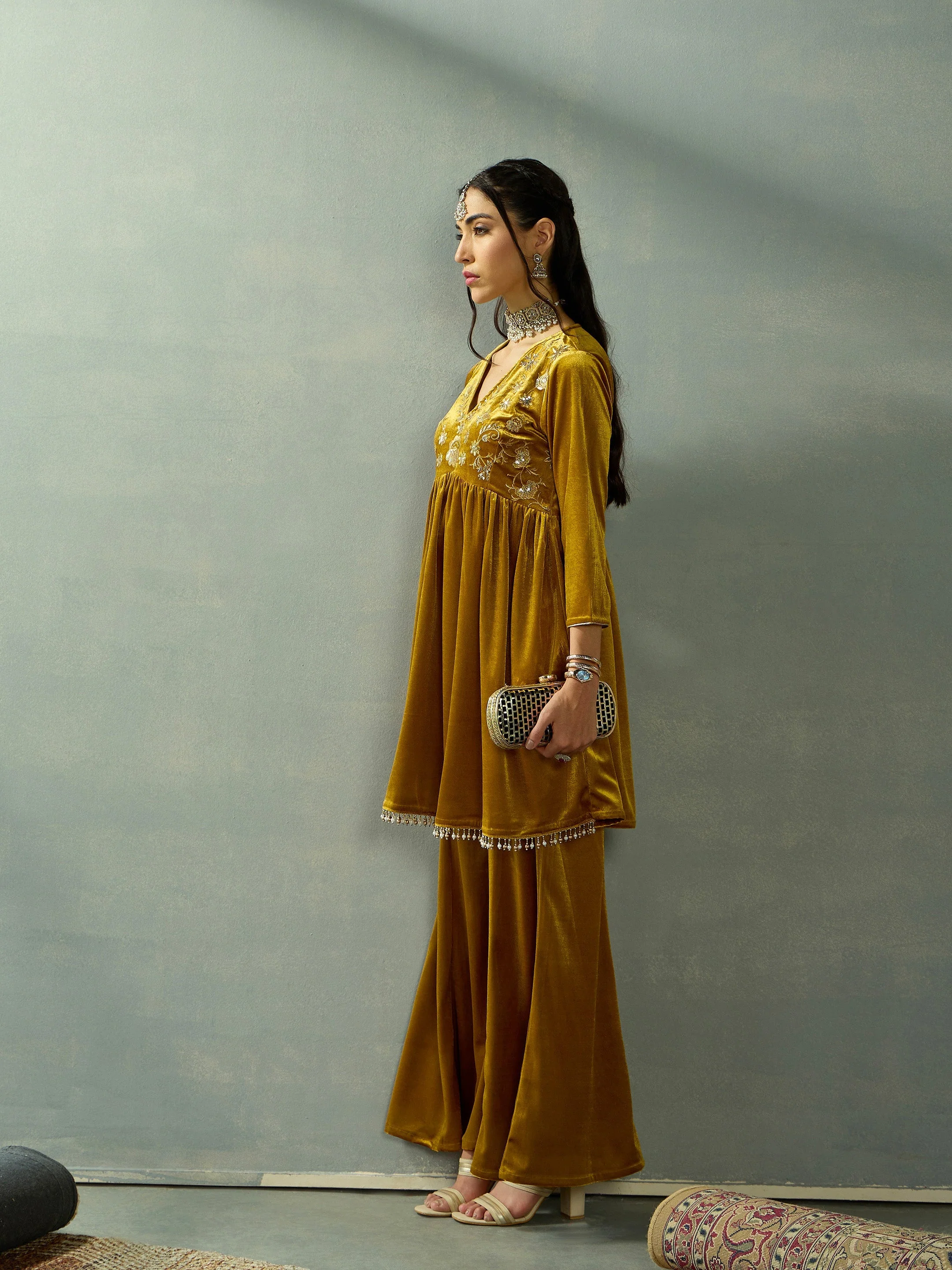 Women Mustard Velvet Embroidered Peplum Top With Palazzos - Image 2