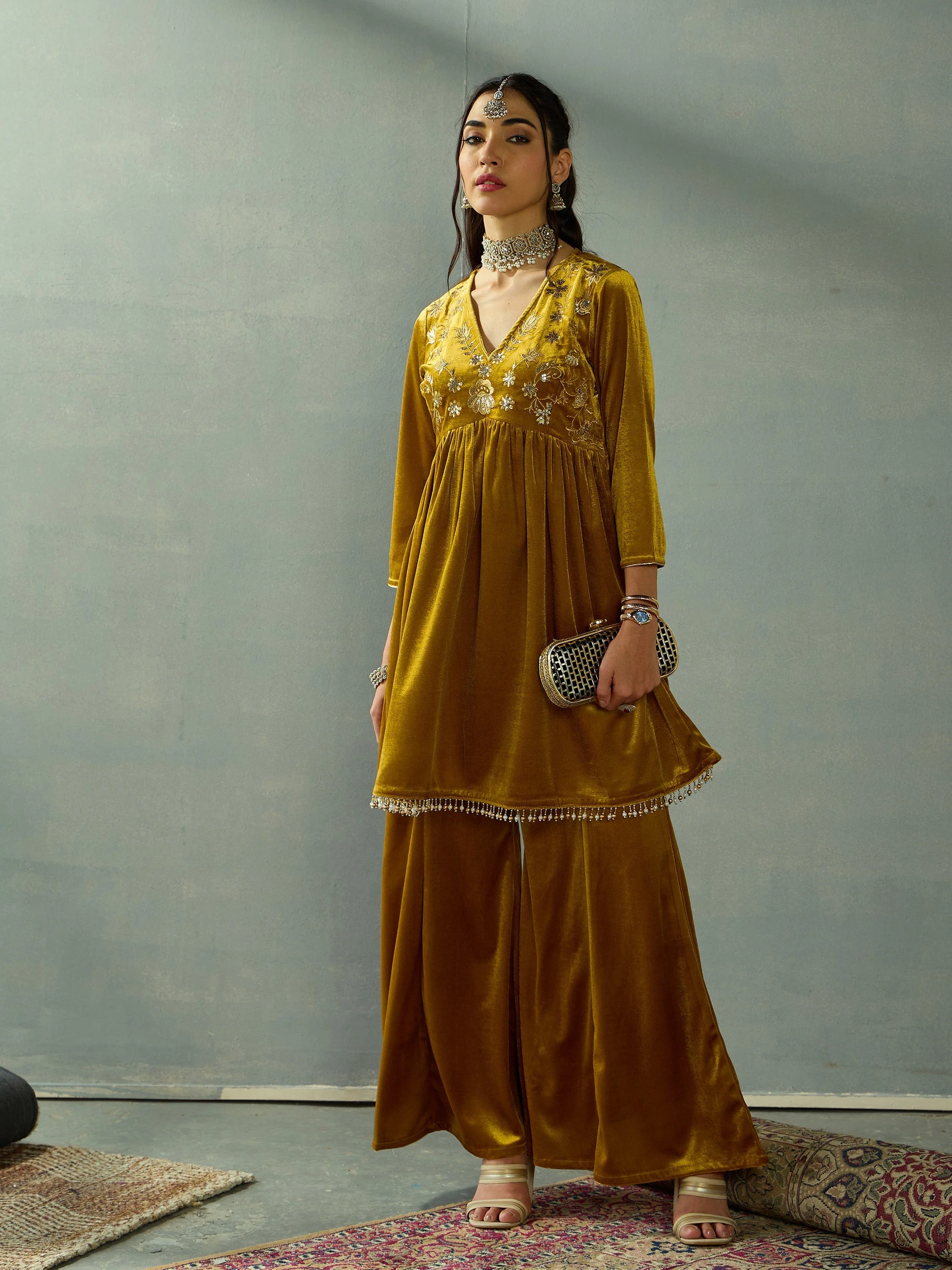 Women Mustard Velvet Embroidered Peplum Top With Palazzos - Image 3