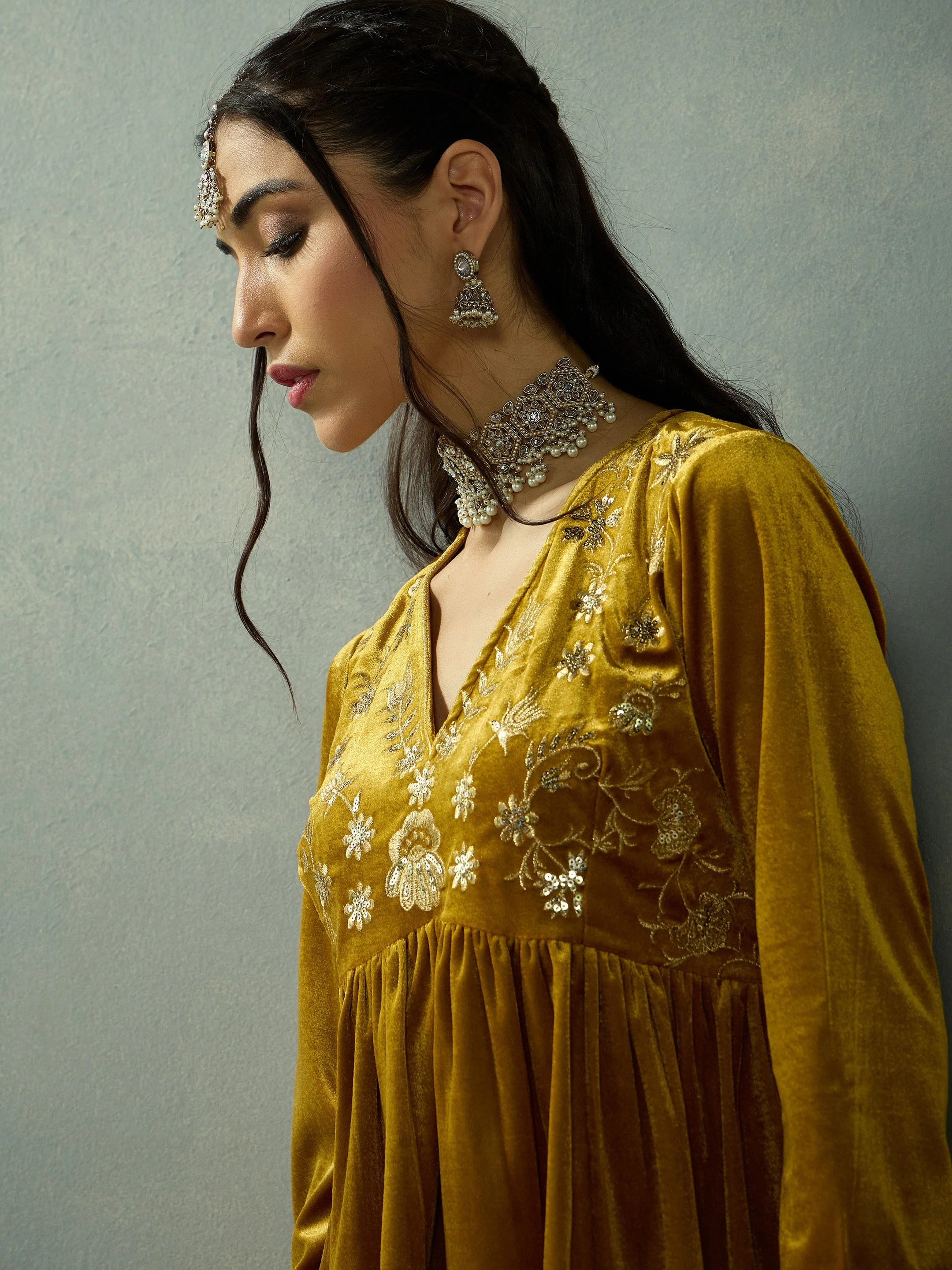 Women Mustard Velvet Embroidered Peplum Top With Palazzos - Image 4