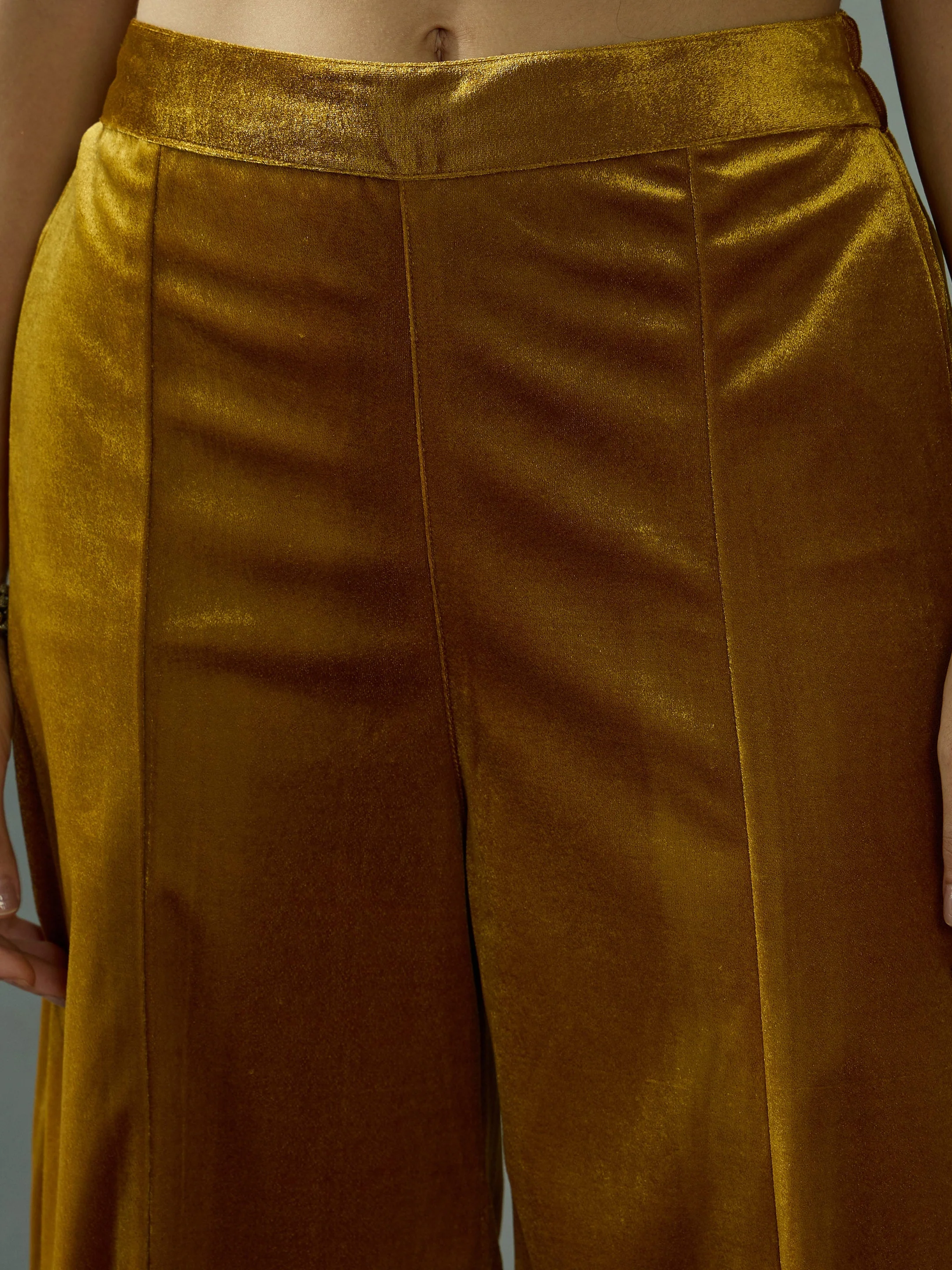 Women Mustard Velvet Embroidered Peplum Top With Palazzos - Image 5