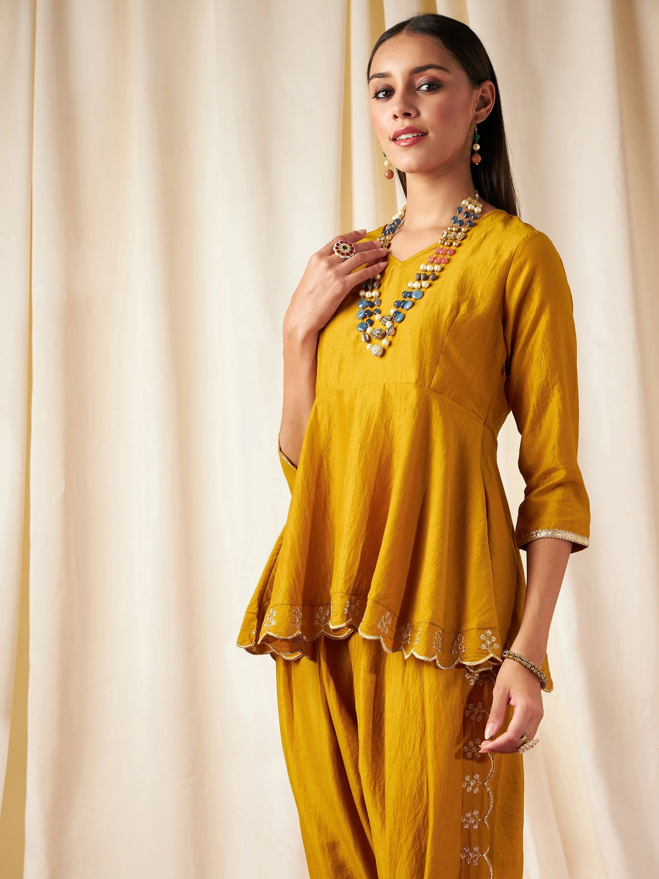 Women Mustard Zari Embroidered Peplum Top - Image 3