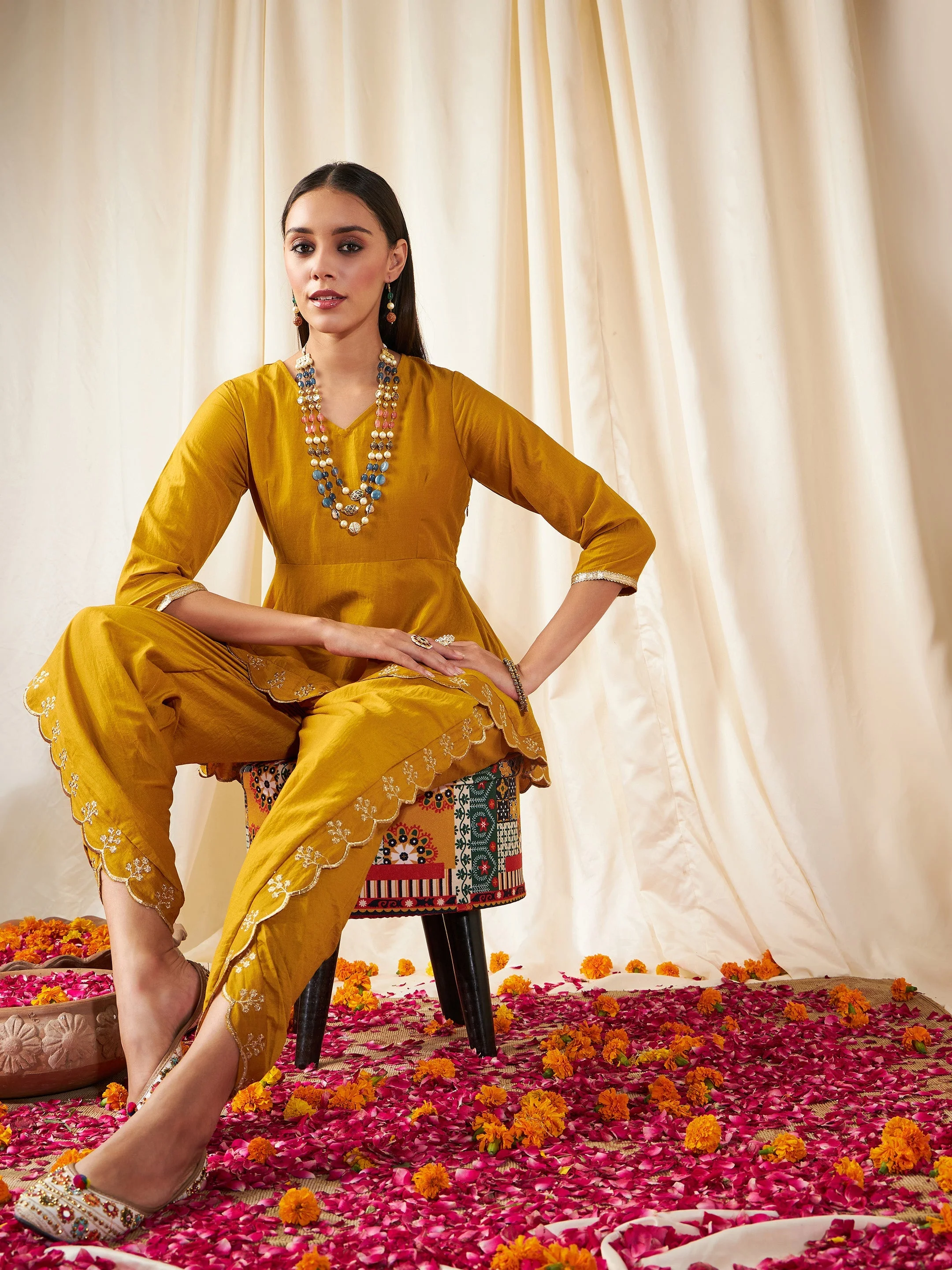 Women Mustard Zari Embroidered Peplum Top With Dhoti Pants - Image 2