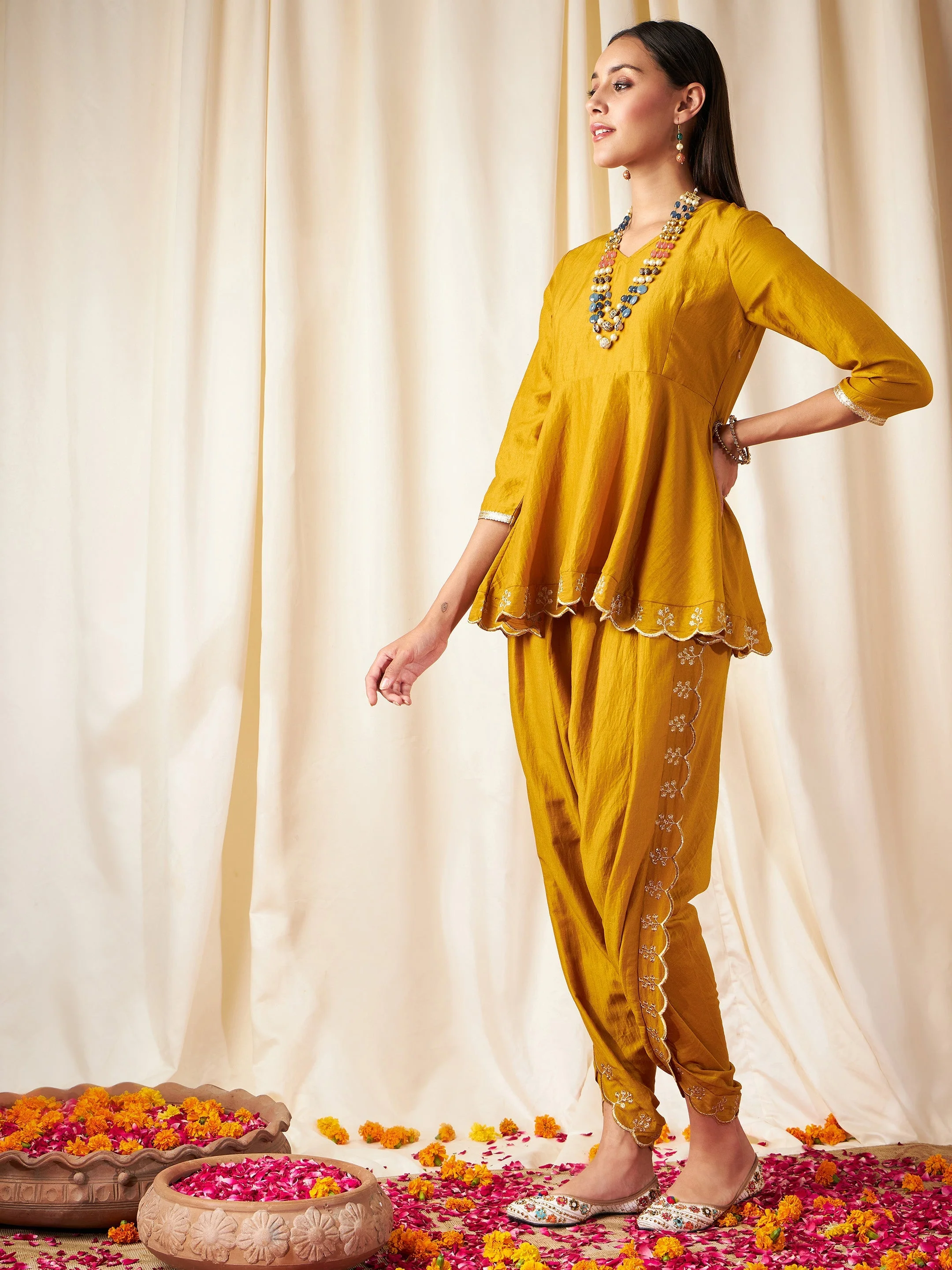 Women Mustard Zari Embroidered Peplum Top With Dhoti Pants - Image 3
