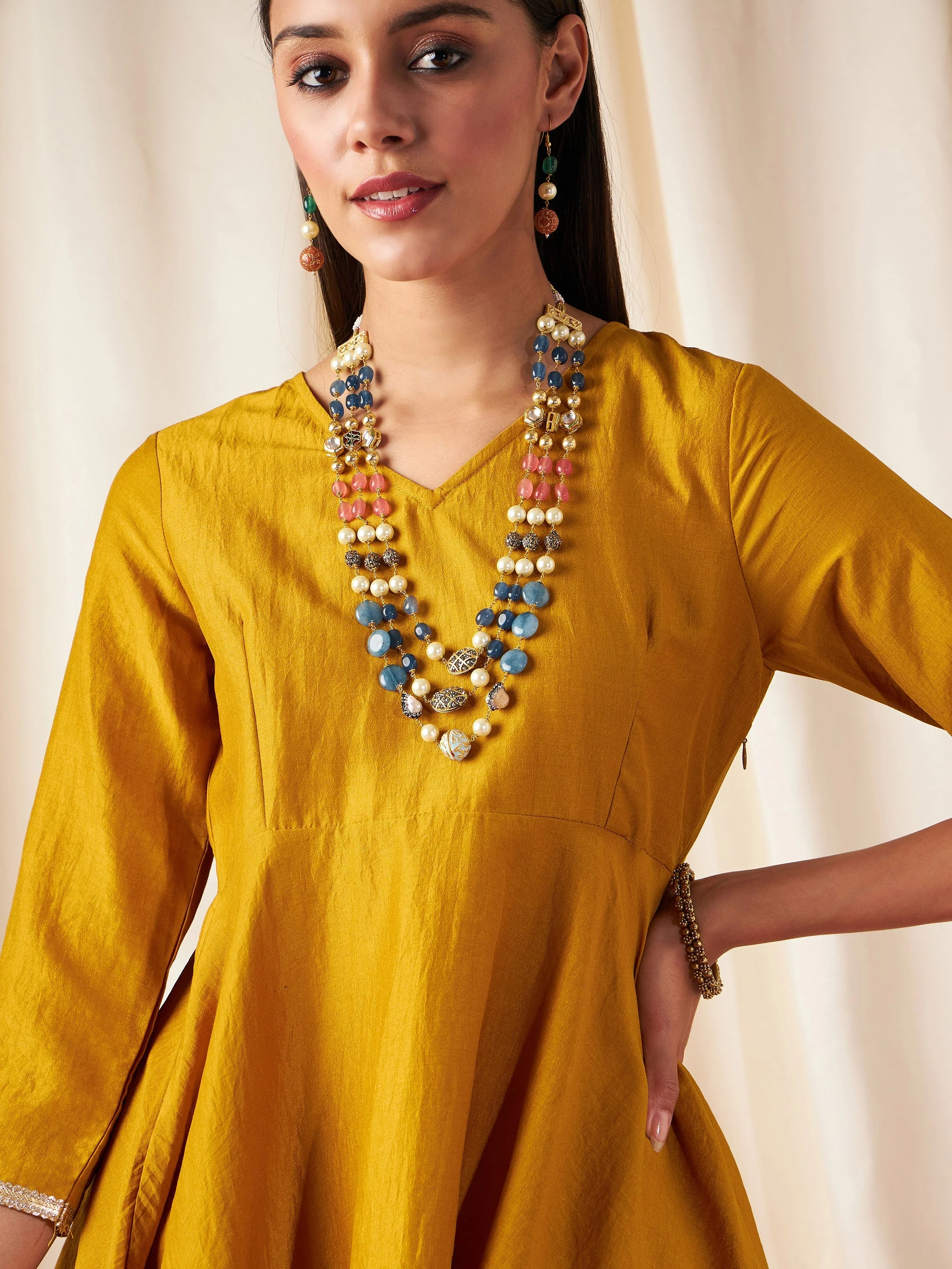 Women Mustard Zari Embroidered Peplum Top With Dhoti Pants - Image 4