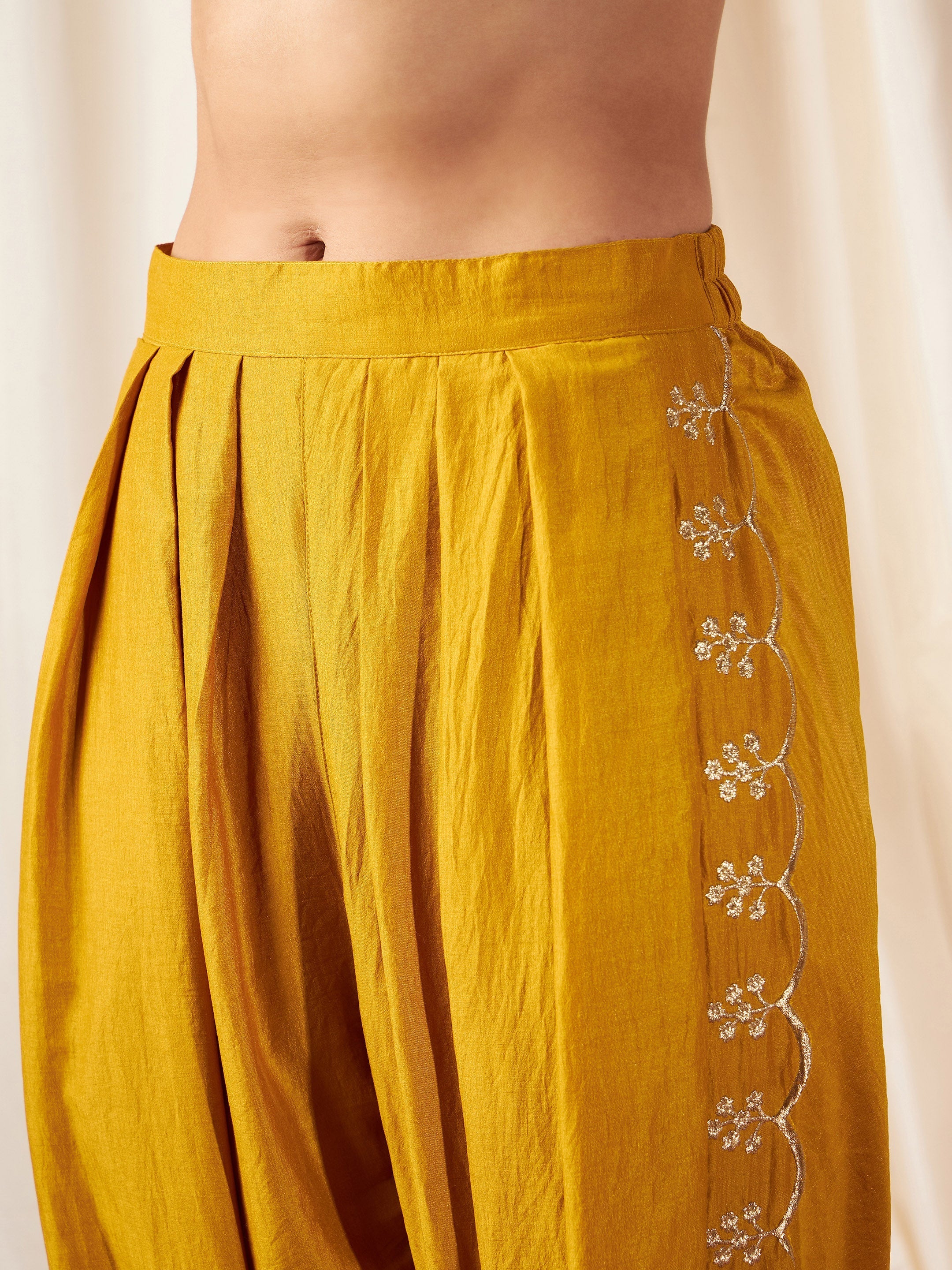 Women Mustard Zari Embroidered Peplum Top With Dhoti Pants - Image 5