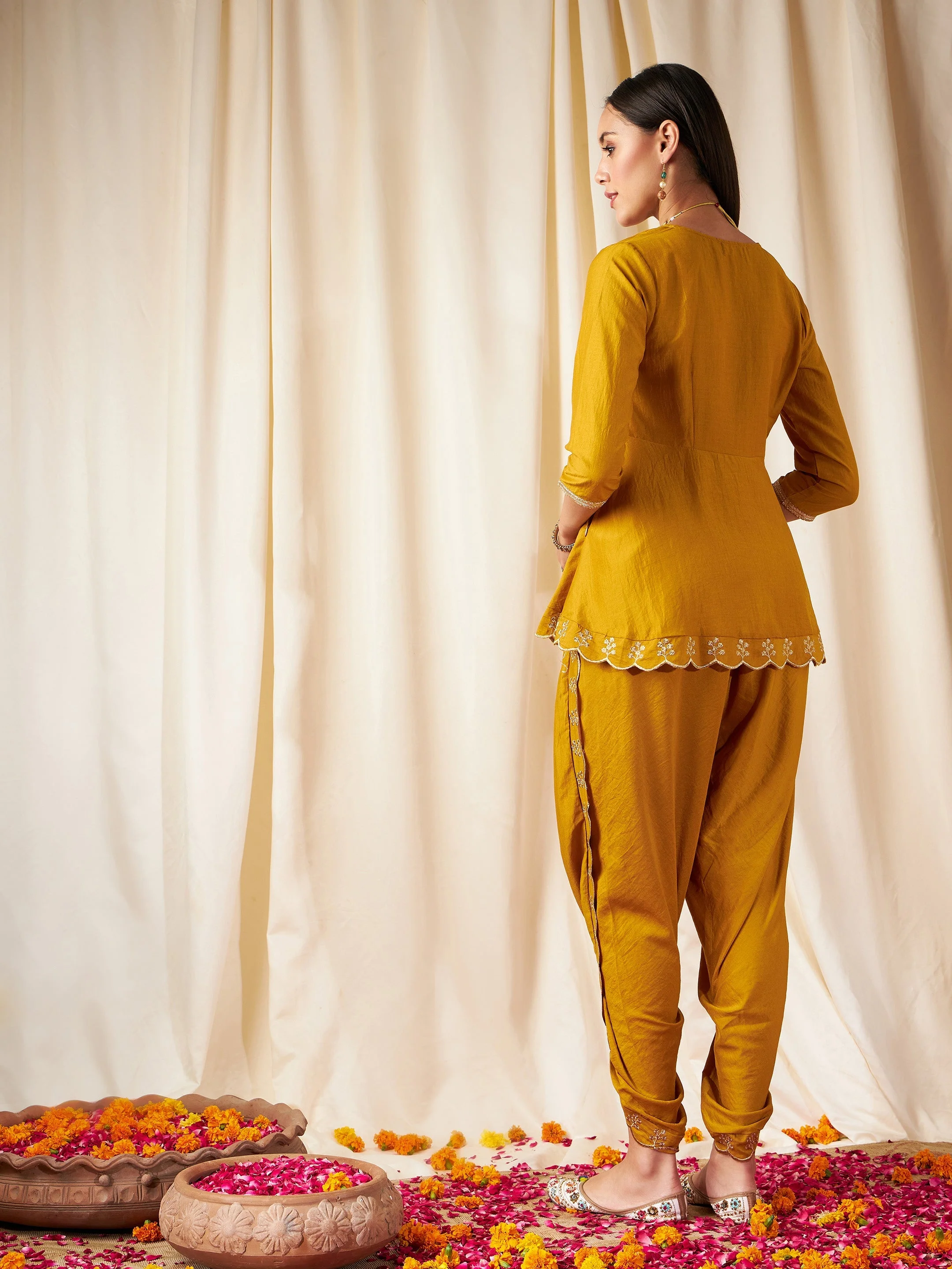Women Mustard Zari Embroidered Peplum Top With Dhoti Pants - Image 6